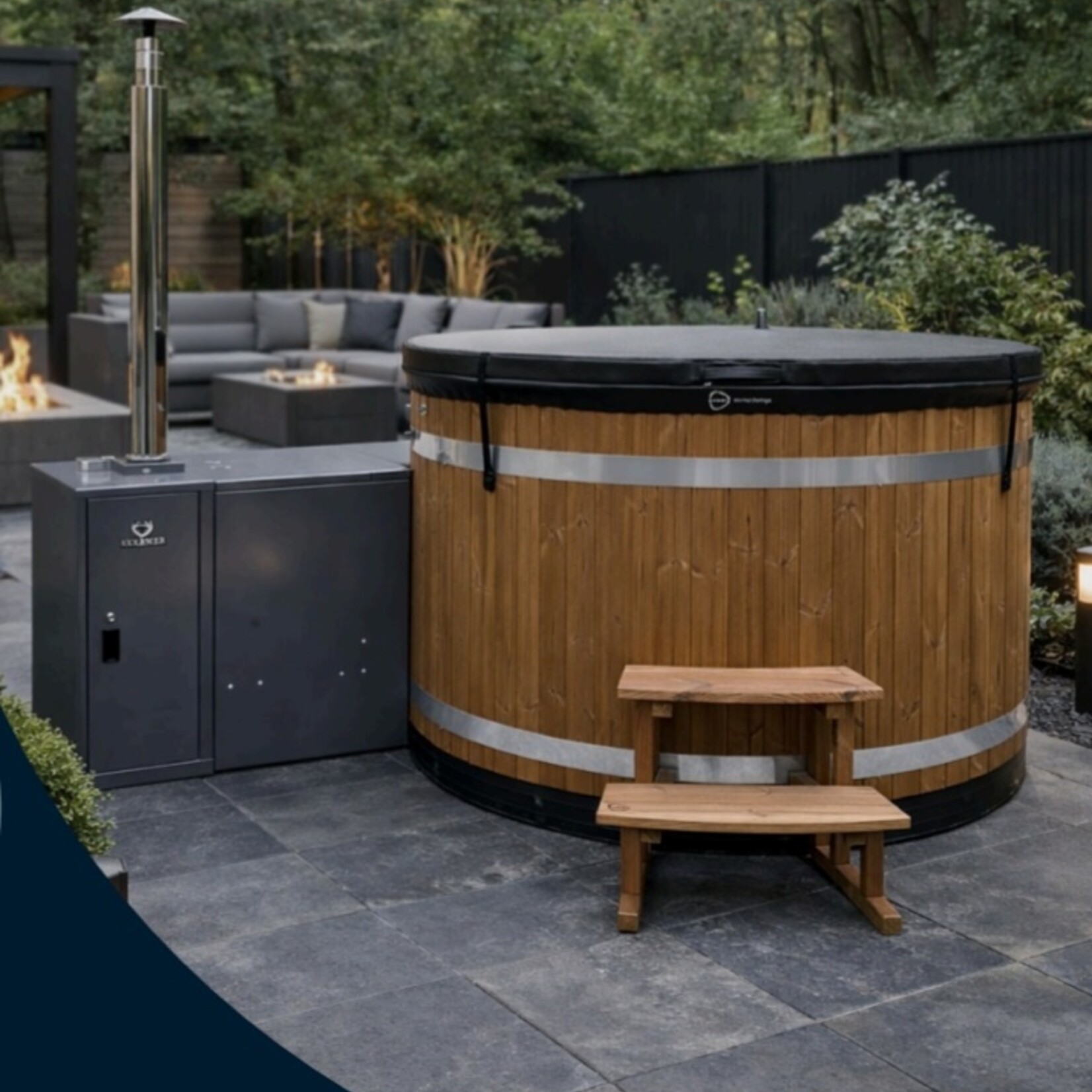 Kirami Actieset! Hottub Family 200 Onderhoudsvrij Thermowood Verwarming op Bio-brandstof! Zeer zuinig!