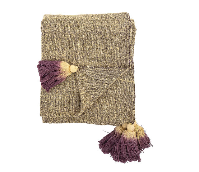 Acryl plaid geel met paarse franjes