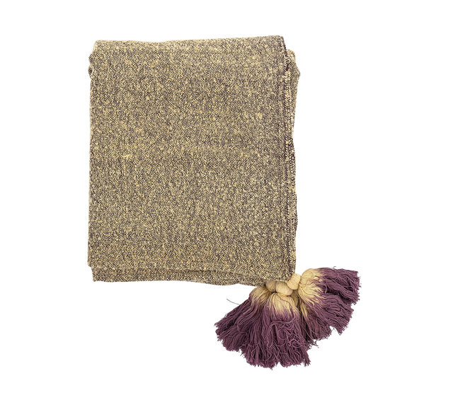 Acryl plaid geel met paarse franjes