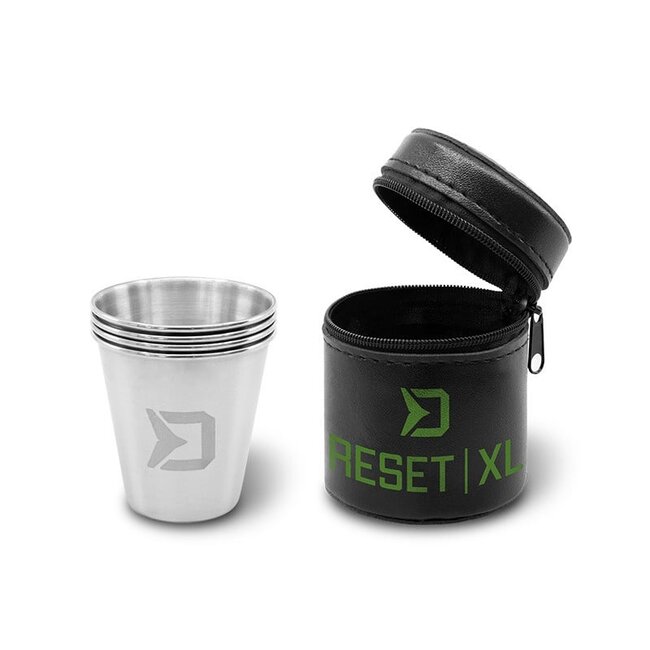 Delphin RESET Edelstahl 4 Schnapsgläser Set 70ml mit Kunstledertasche
