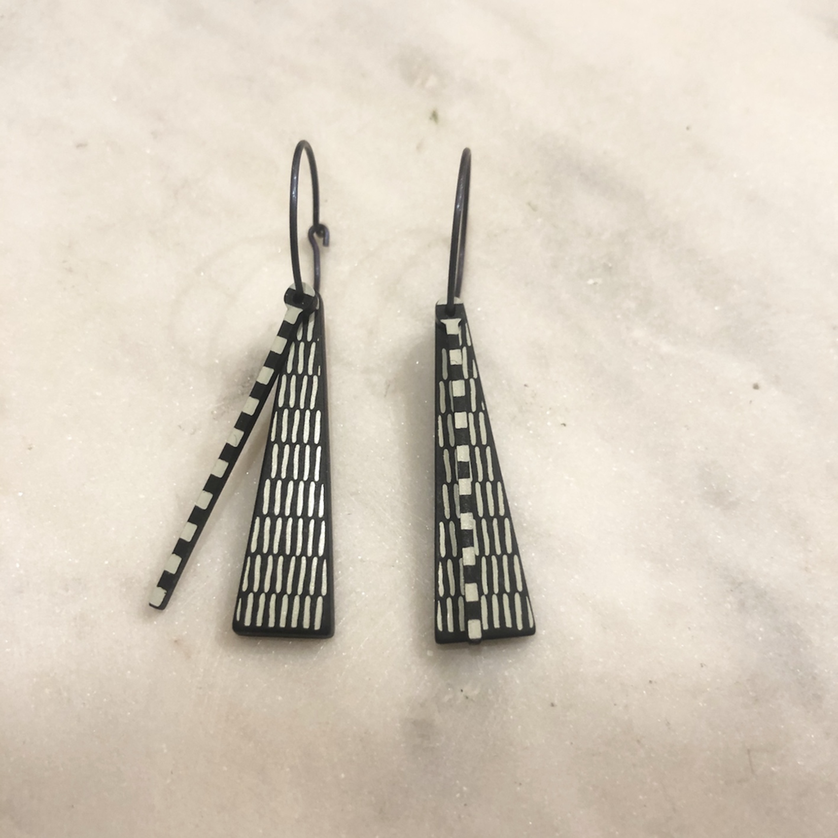 Black Triangle with White Vertical Stripes Abstract Earrings