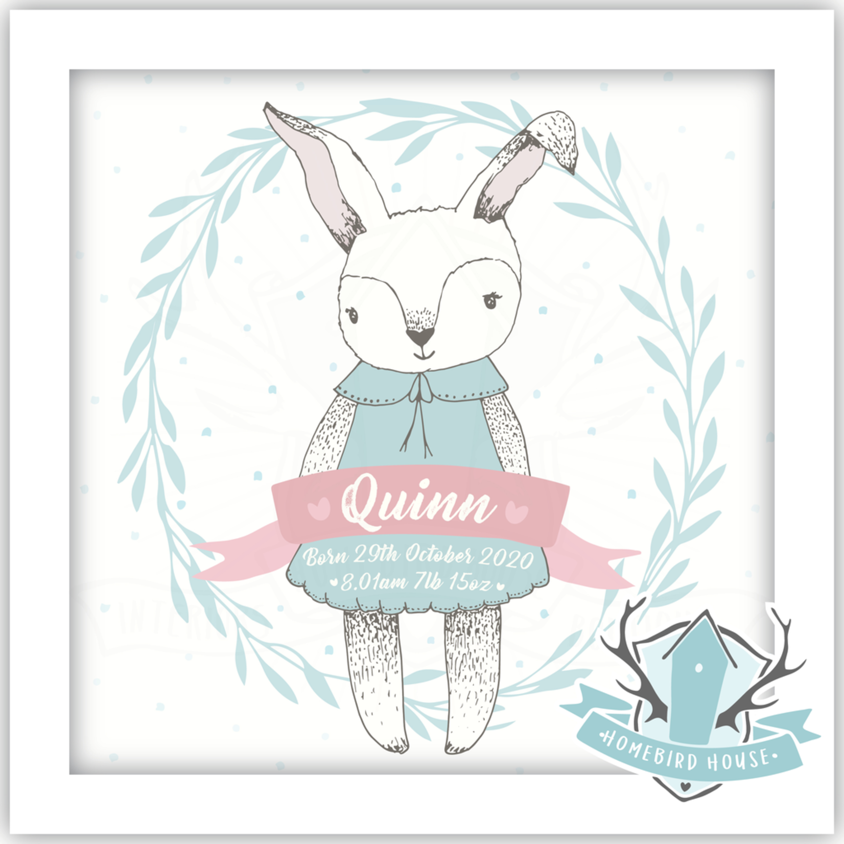 Homebird Bespoke Personalised Square BUNNY Illustration - Choose Colour Duckegg / Blue / Pink