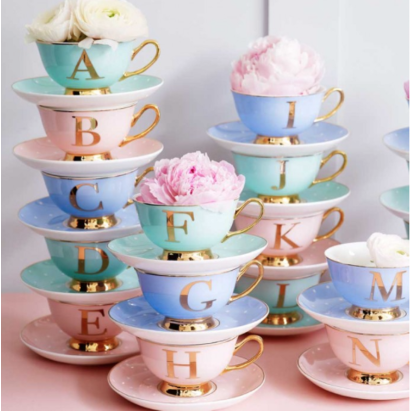 BoDuck Alphabet Spotty Teacup and Saucer Letter K Gold/Tea Rose Pink