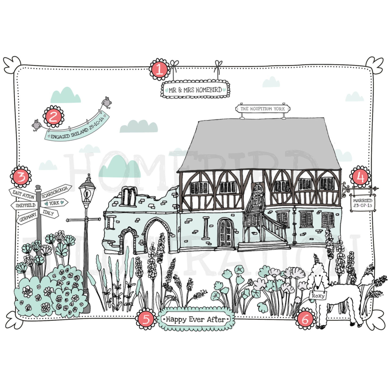 Personalised Homebird Illustration Of the Beautiful Hospitium York - Wedding Venue