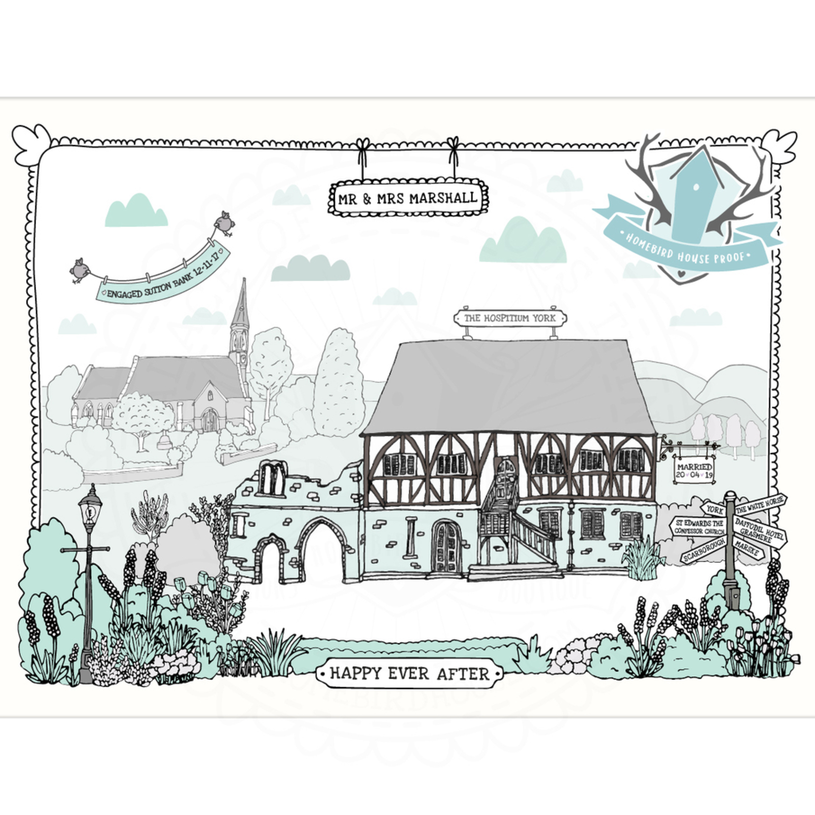 Personalised Homebird Illustration Of the Beautiful Hospitium York - Wedding Venue