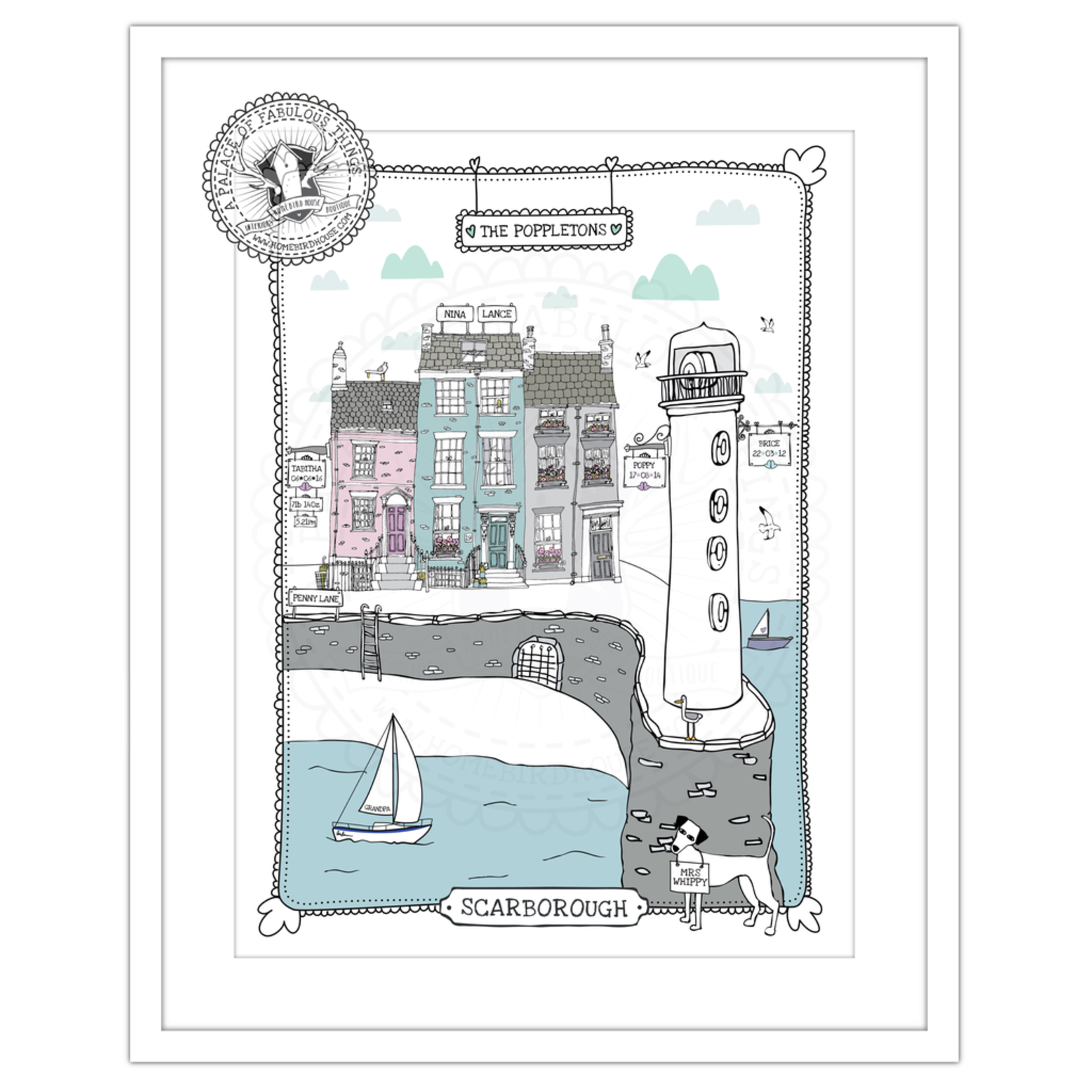 Homebird Personalised Lighthouse A3 Illustration Framed