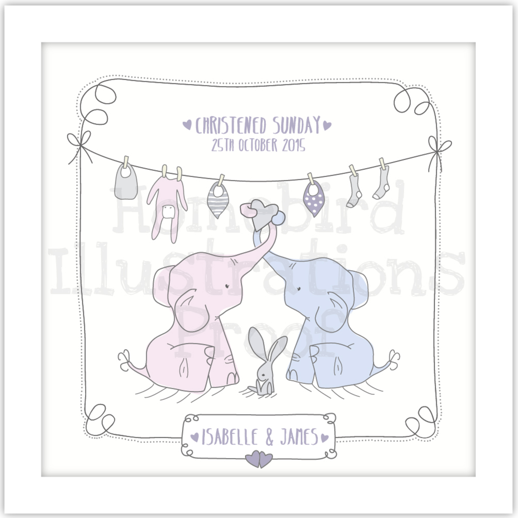 Homebird Personalised Elephant Twins Illustration BLUE/PINK/MINT