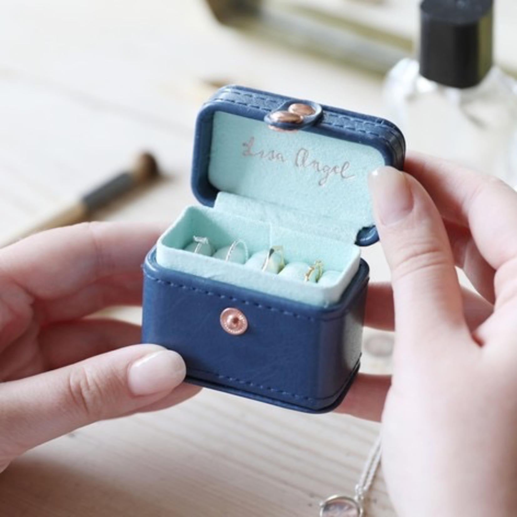 Lisa Angel Petite Travel Ring  / earring Box  Box in Navy and Mint Green Jewellery box