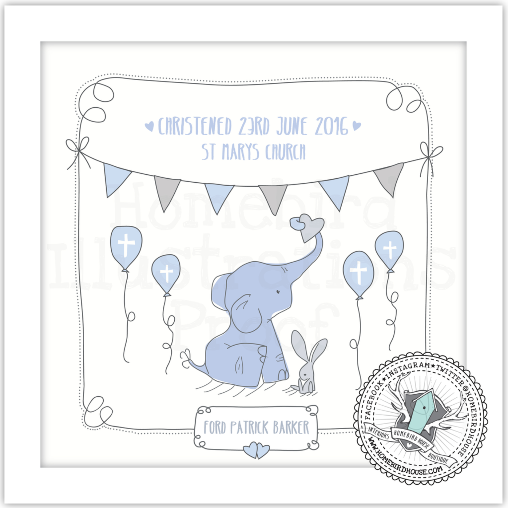 Homebird Personalised Elephant Christening Illustration BLUE/PINK/MINT