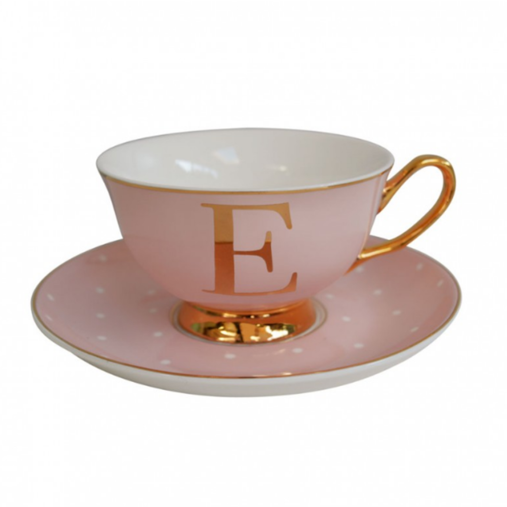 BoDuck Alphabet Spotty Teacup and Saucer Letter E Gold/Tea Rose Pink