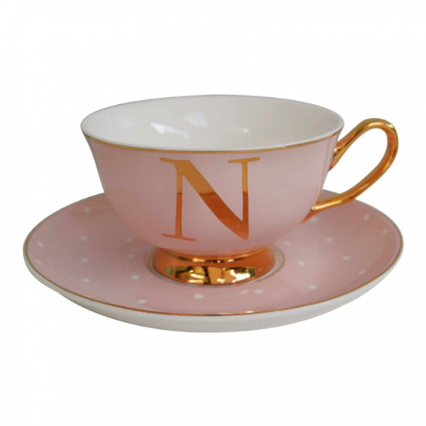 BoDuck Alphabet Spotty Teacup and Saucer Letter N Gold/Tea Rose Pink