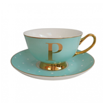 BoDuck Alphabet Spotty Teacup and Saucer Letter P Gold/Mint