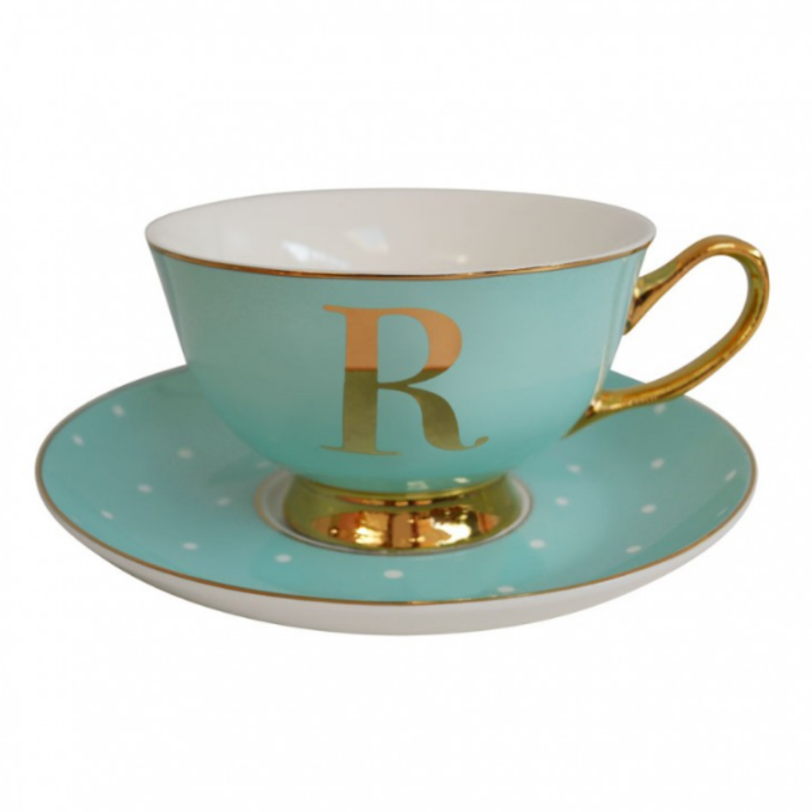 BoDuck Alphabet Spotty Teacup and Saucer Letter R Gold/Mint