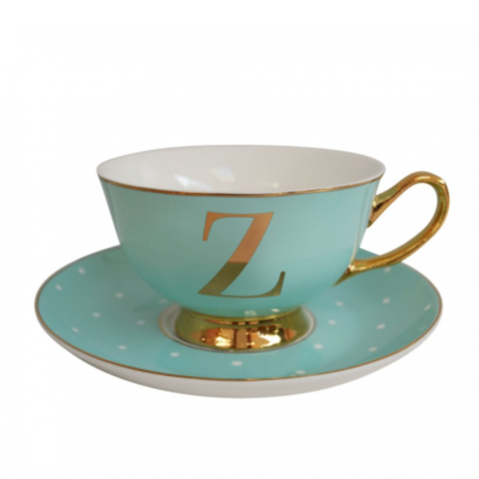 BoDuck Alphabet Spotty Teacup and Saucer Letter Z Gold/Mint