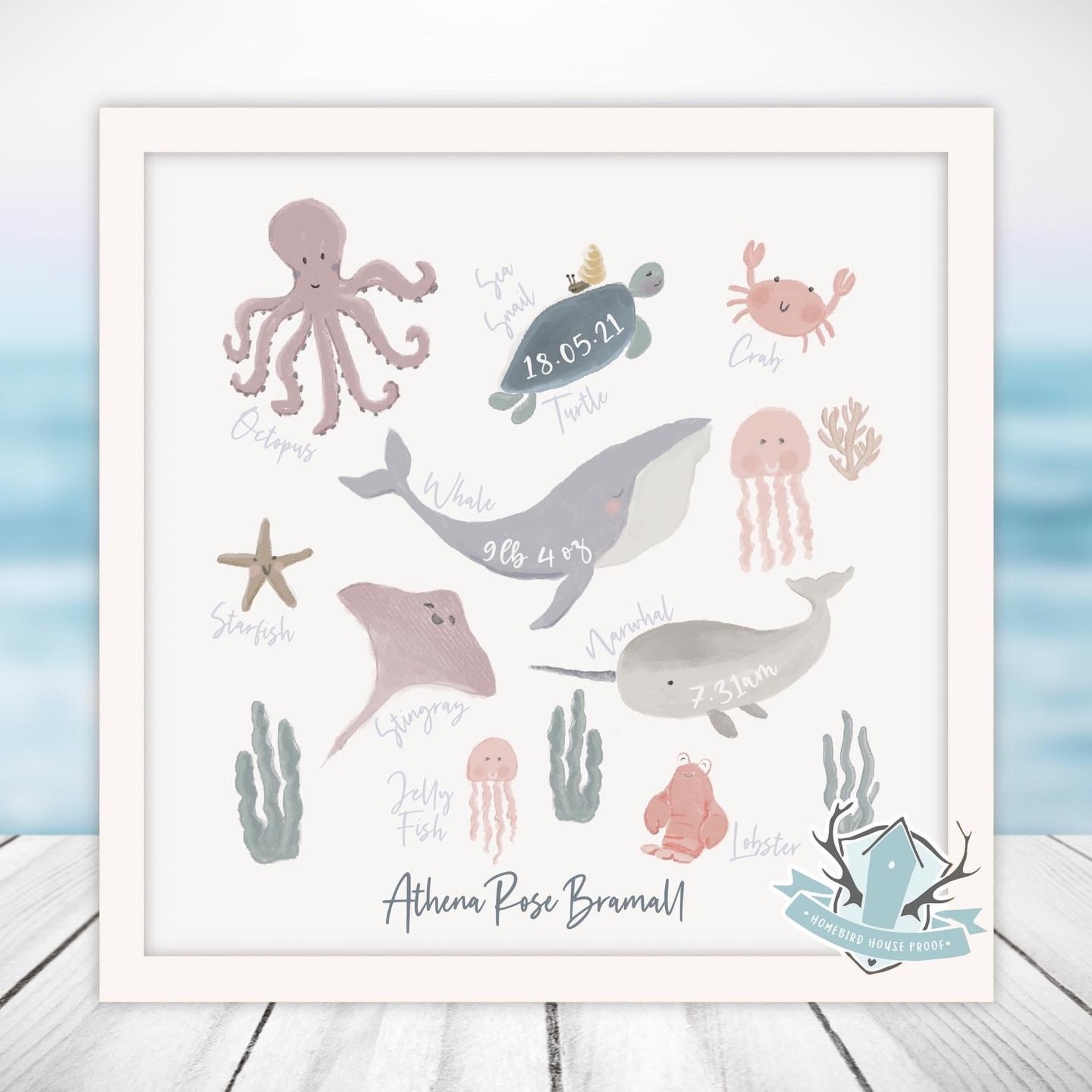 Alex Anderson Square Personalised Sea World Baby Arrival Illustration