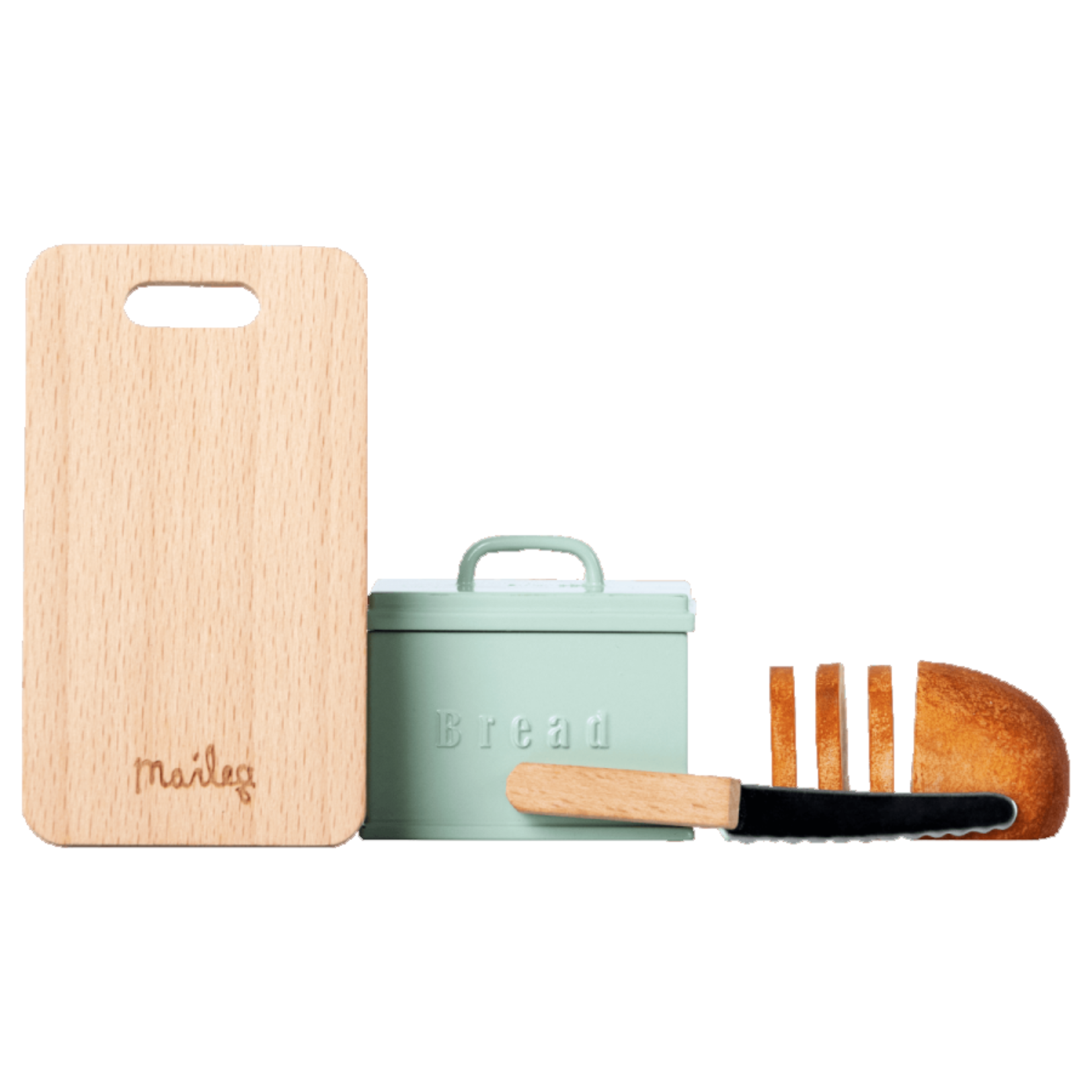 Maileg Maileg Miniature bread bin box with wooden cutting board and knife