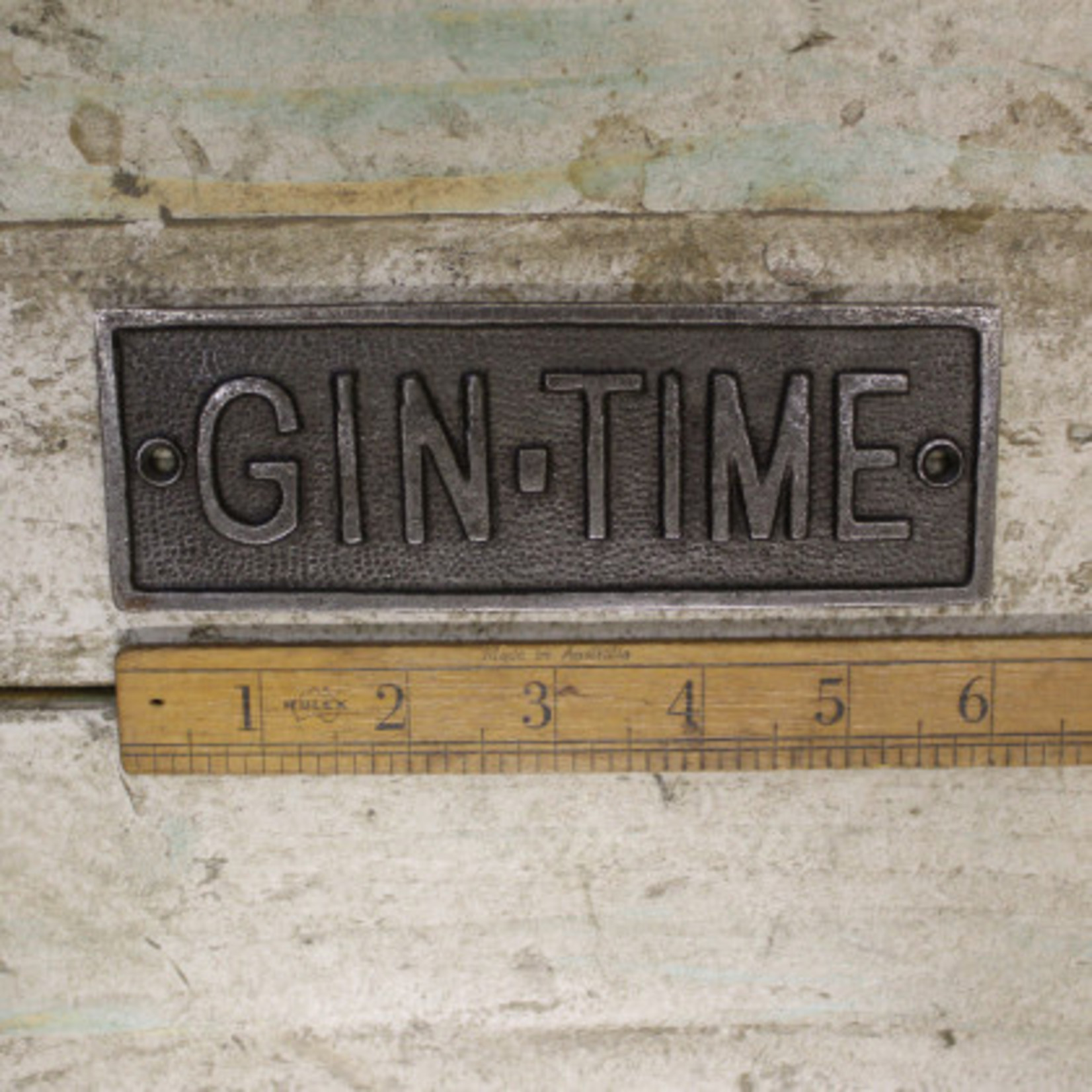 IRON RANGE Plaque GIN TIME Cast Antique Iron 45 x 152mm