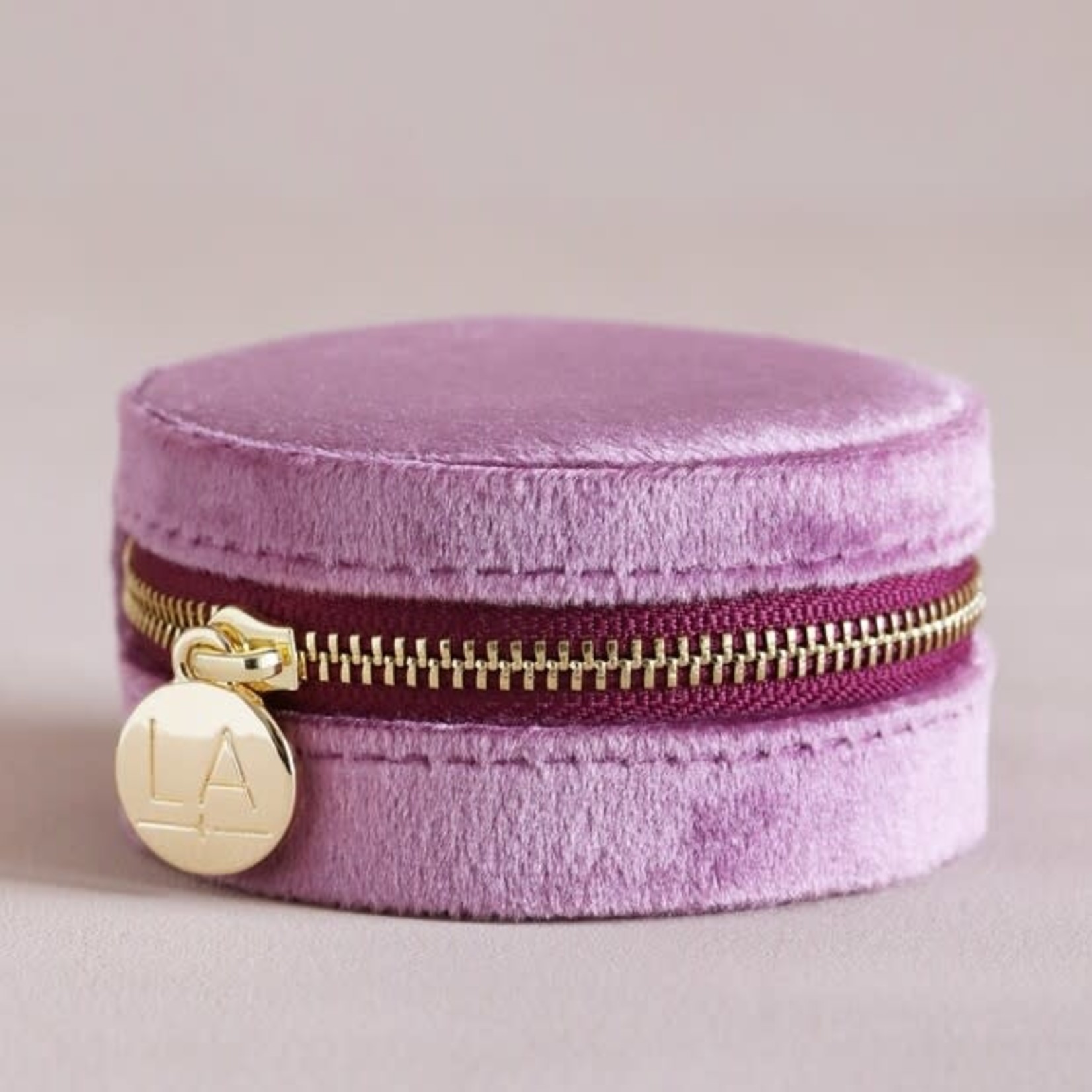 Lisa Angel Mauve Pink Velvet Round Travel Jewellery Case