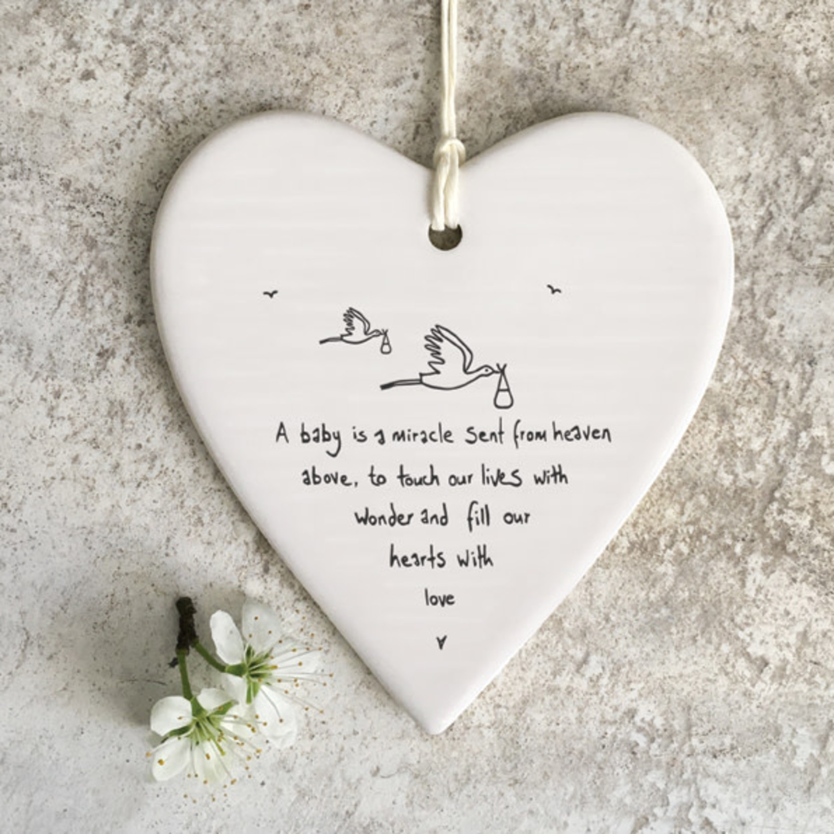 East of India Porcelain Wobbly Hanging Heart-A Baby Is A Miracle