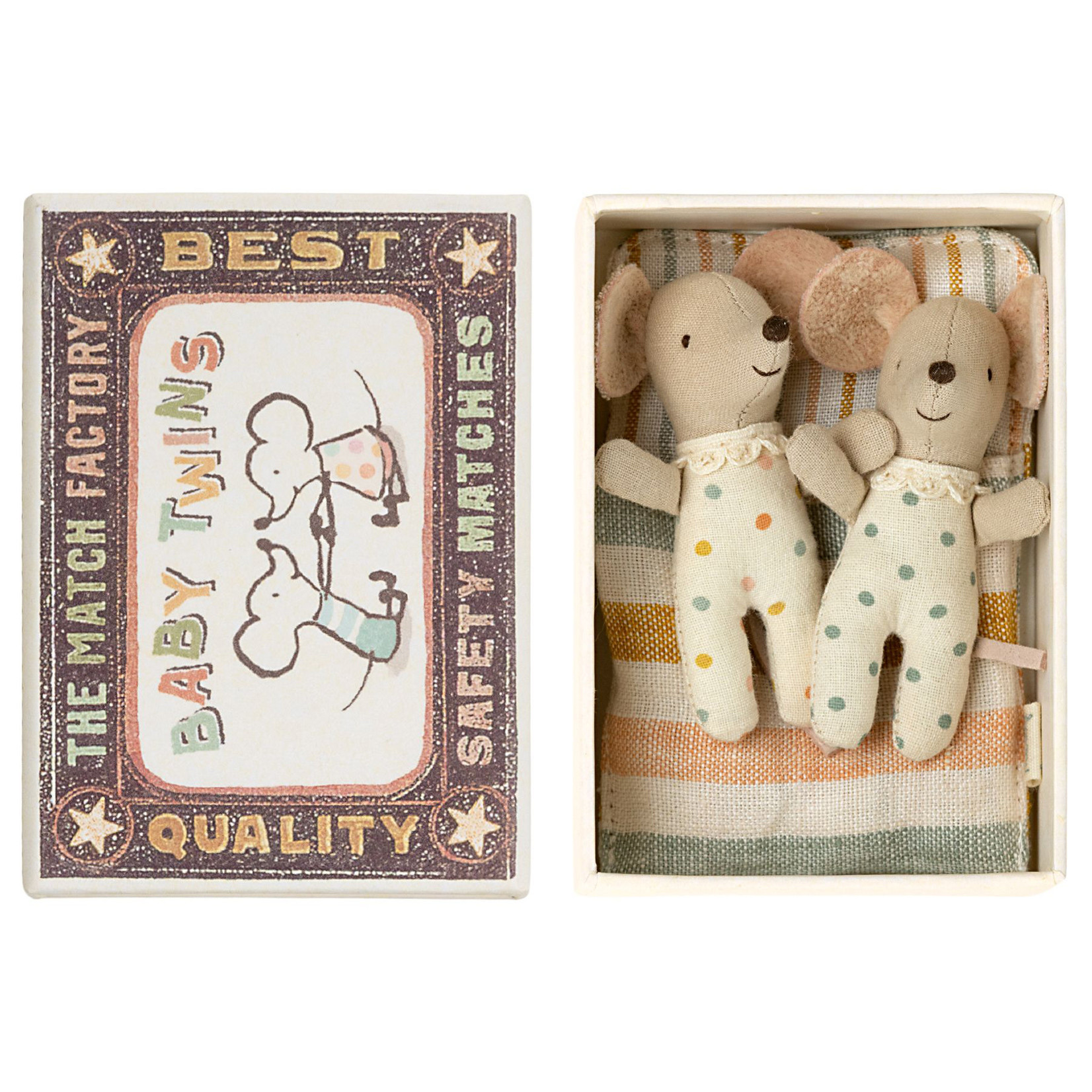 Maileg Maileg Twins Baby mice in matchbox NEW STRIPE BEDDING