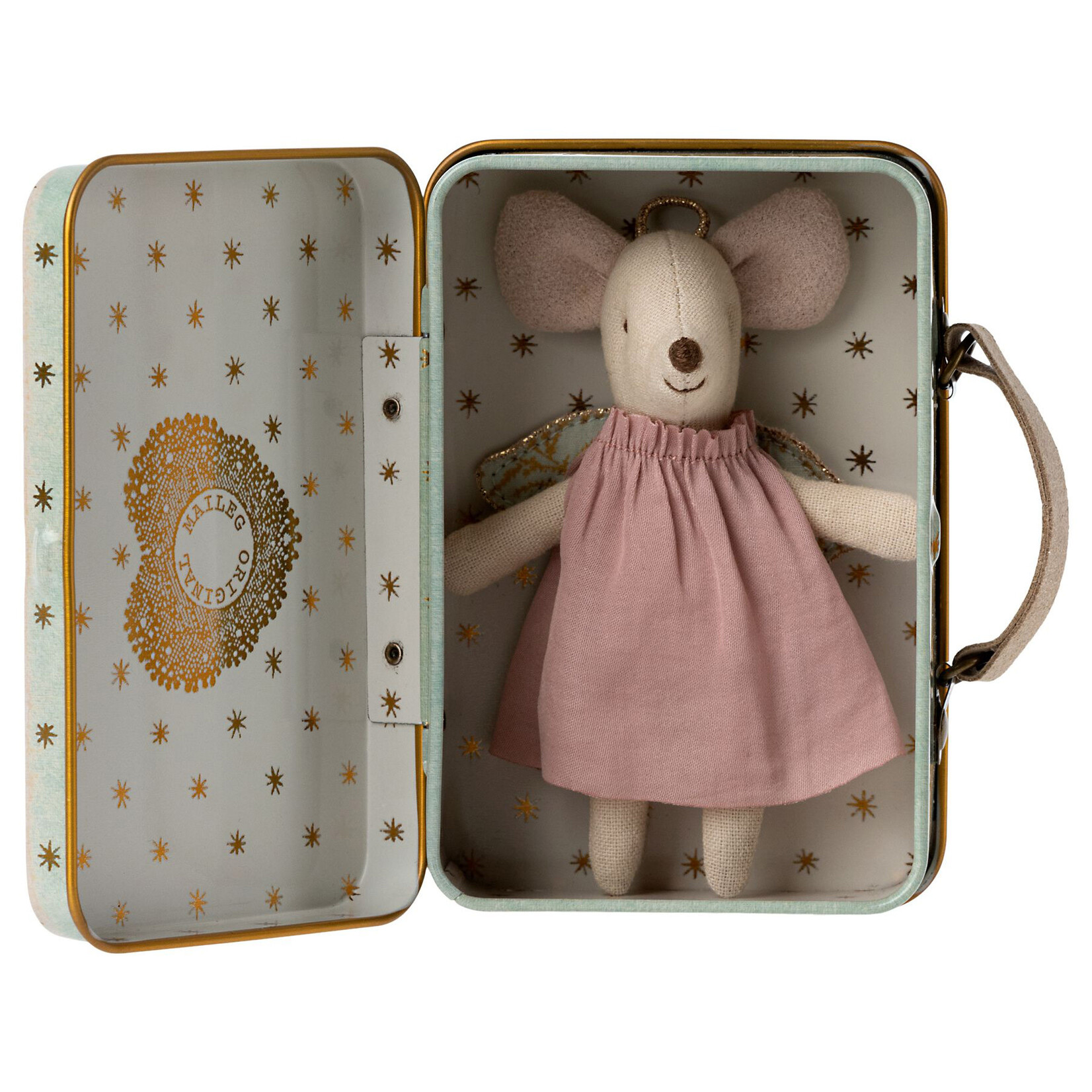 Maileg Maileg Guardian Angel mouse in spotty duckegg suitcase tin