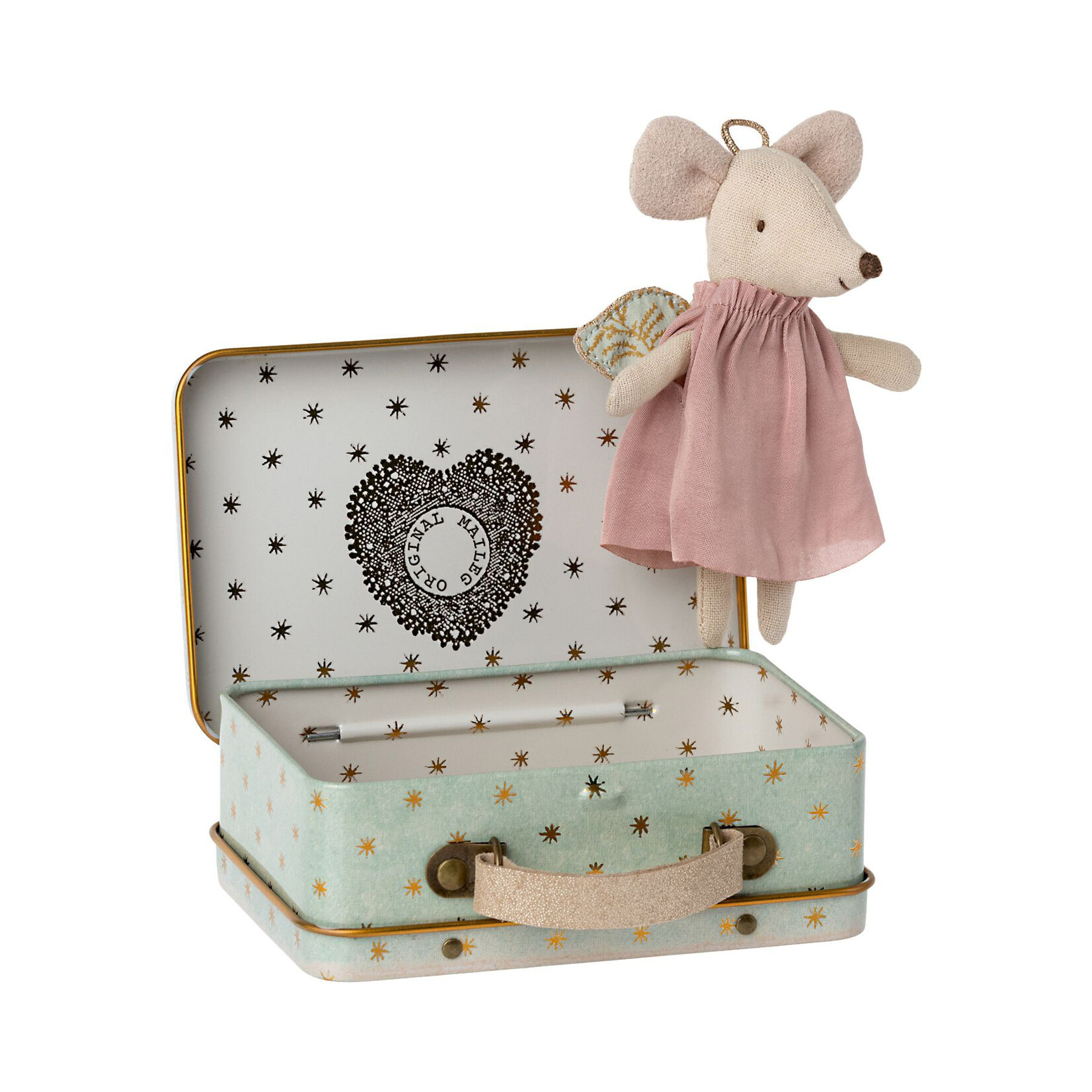 Maileg Maileg Guardian Angel mouse in spotty duckegg suitcase tin