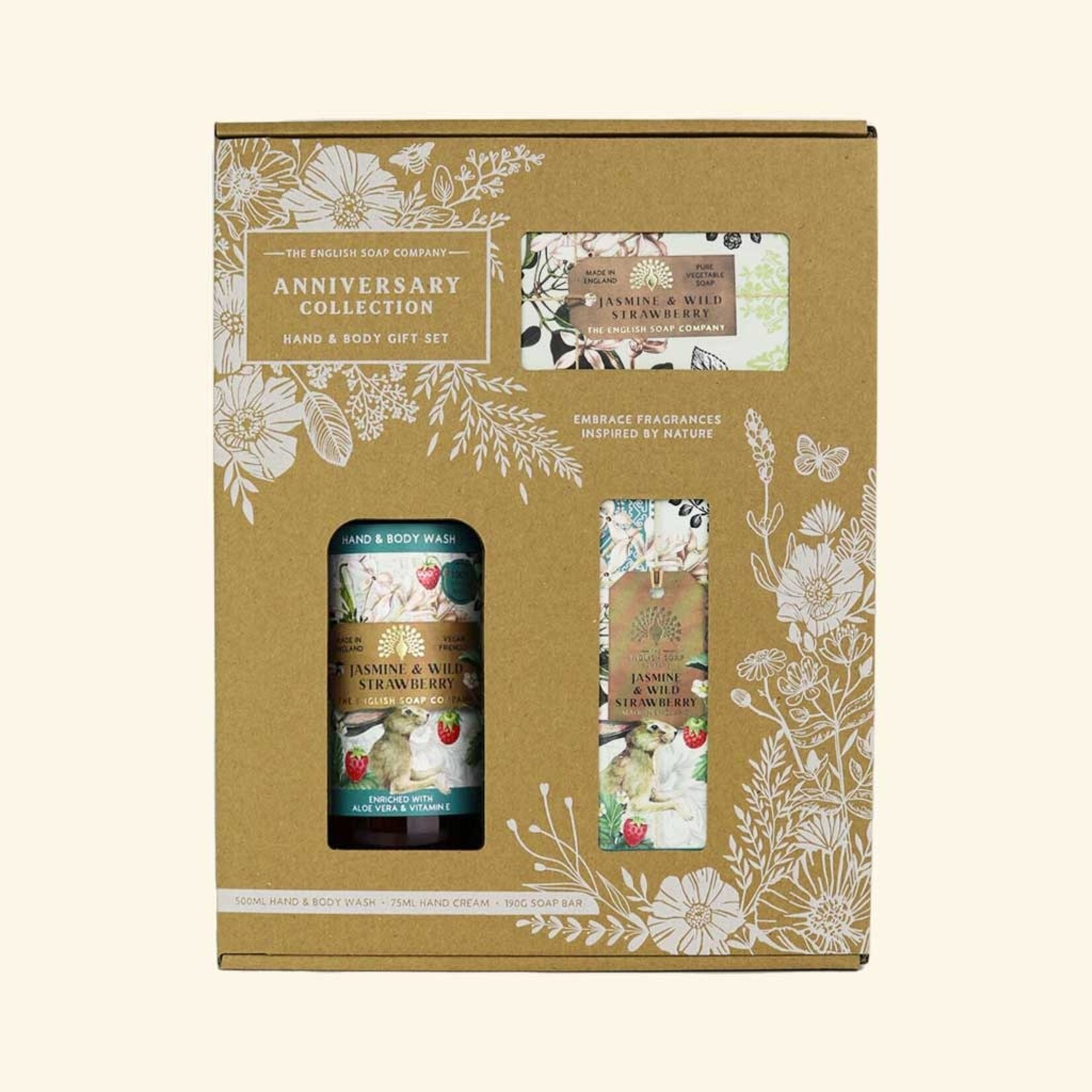 English Soap Company Anniversary Jasmine and Wild Strawberry Hand and Body Gift Set Box