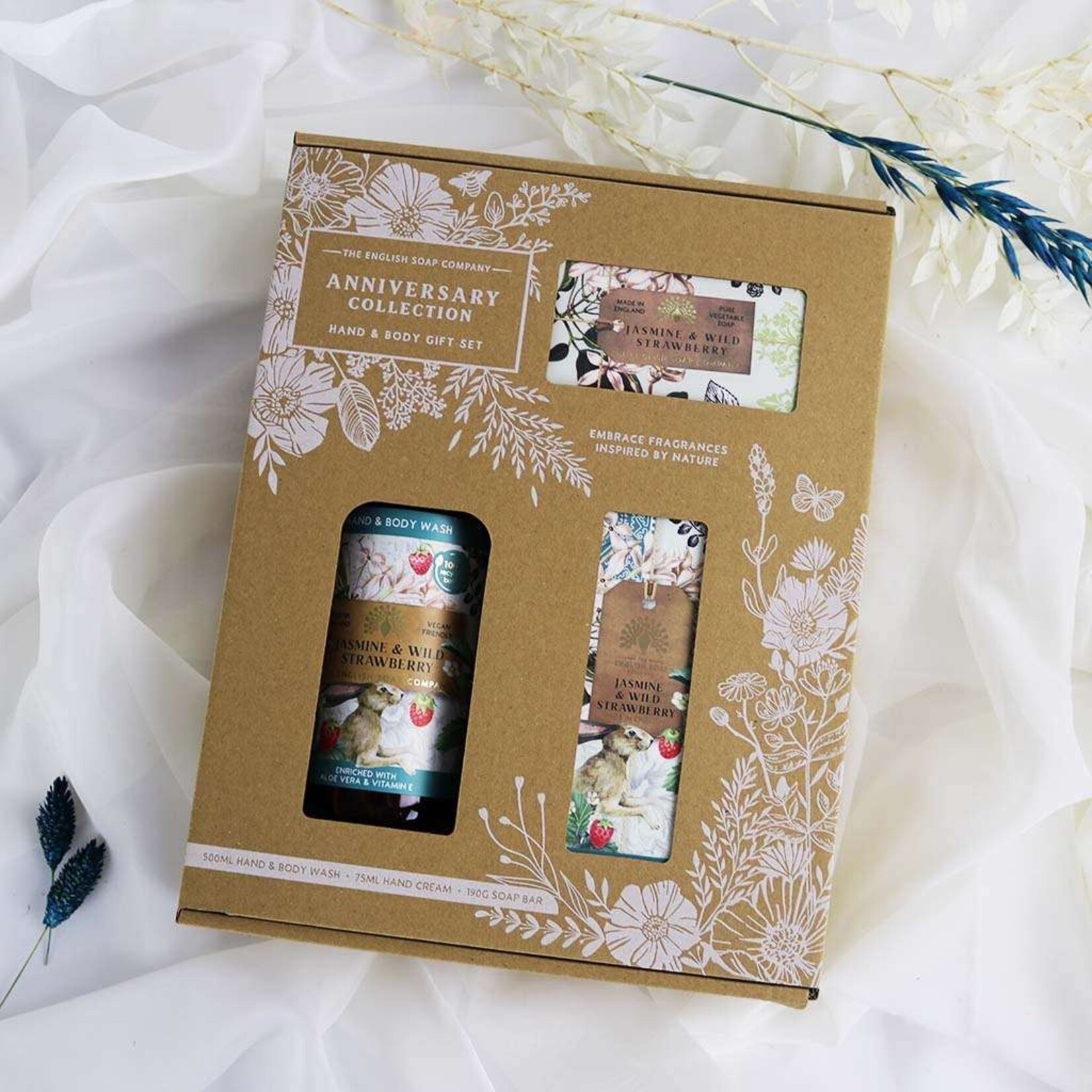 English Soap Company Anniversary Jasmine and Wild Strawberry Hand and Body Gift Set Box