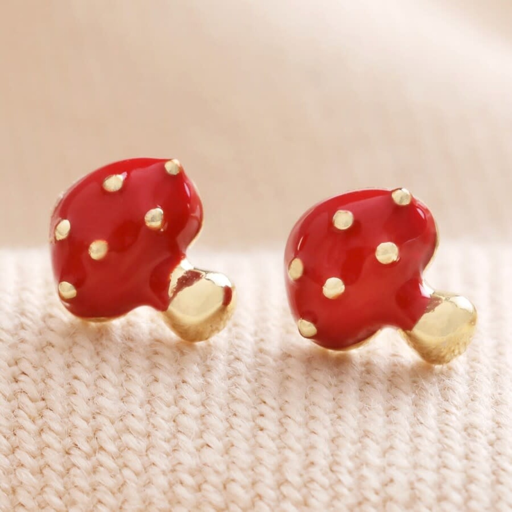 Lisa Angel Red Enamel Mushroom Stud Earrings in Gold