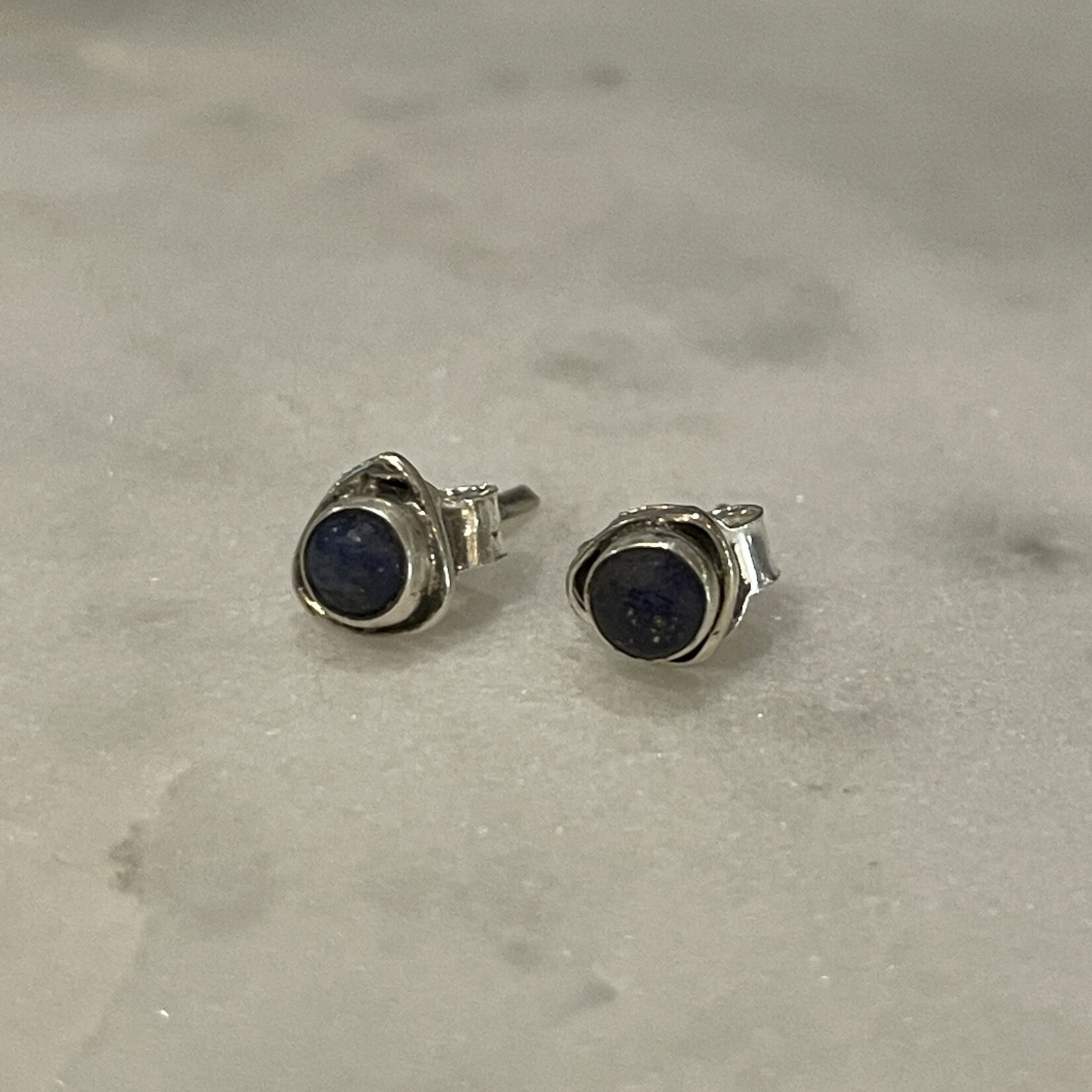 Tiny Round Lapis Stone Triangular Sterling Silver Stud Earrings