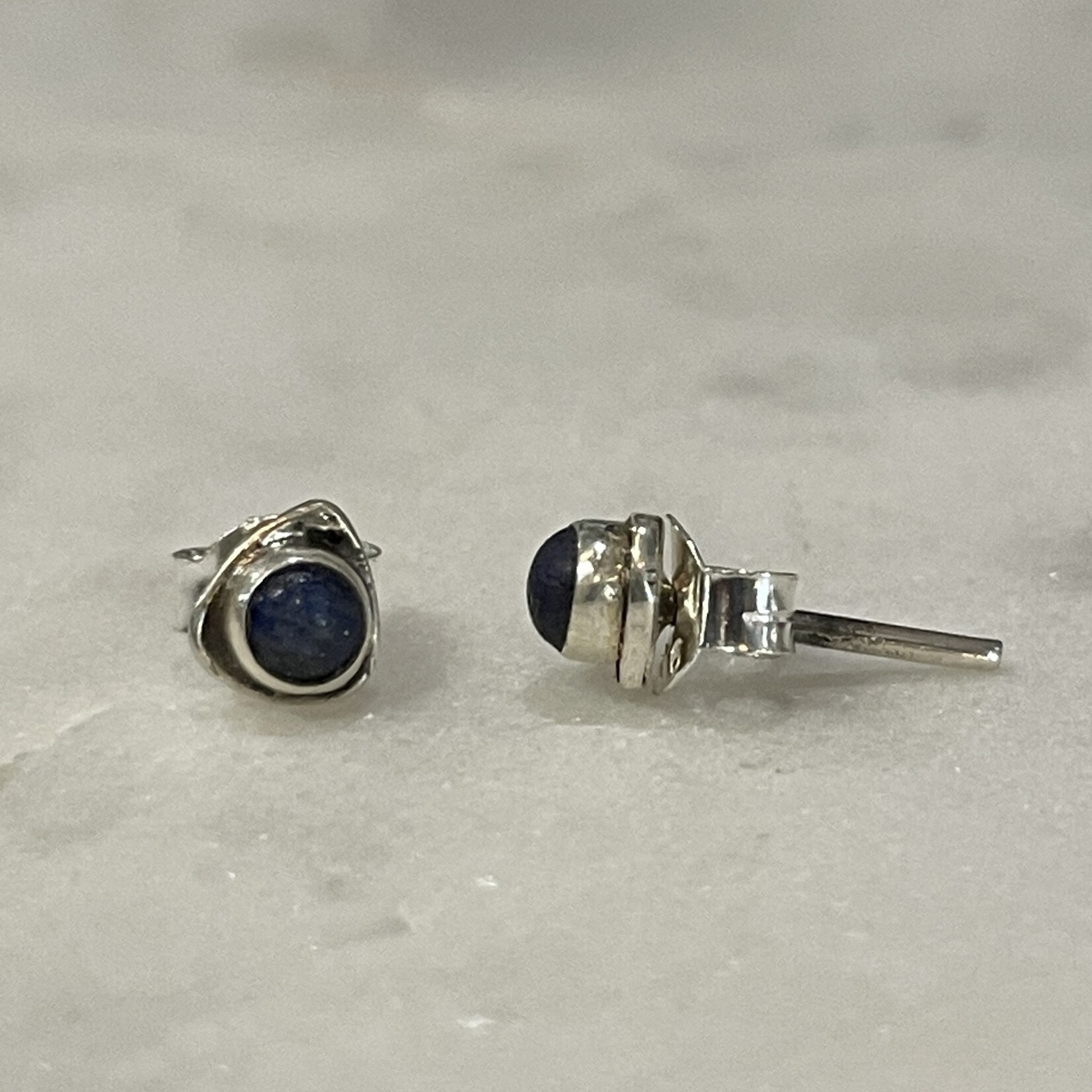 Tiny Round Lapis Stone Triangular Sterling Silver Stud Earrings