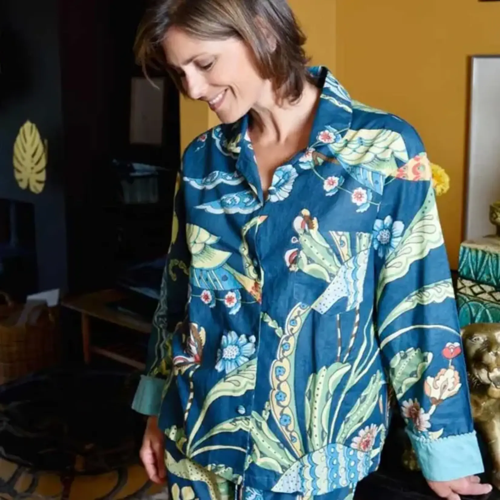 Powell Craft Blue Floral Exotic Bird Print Pyjamas