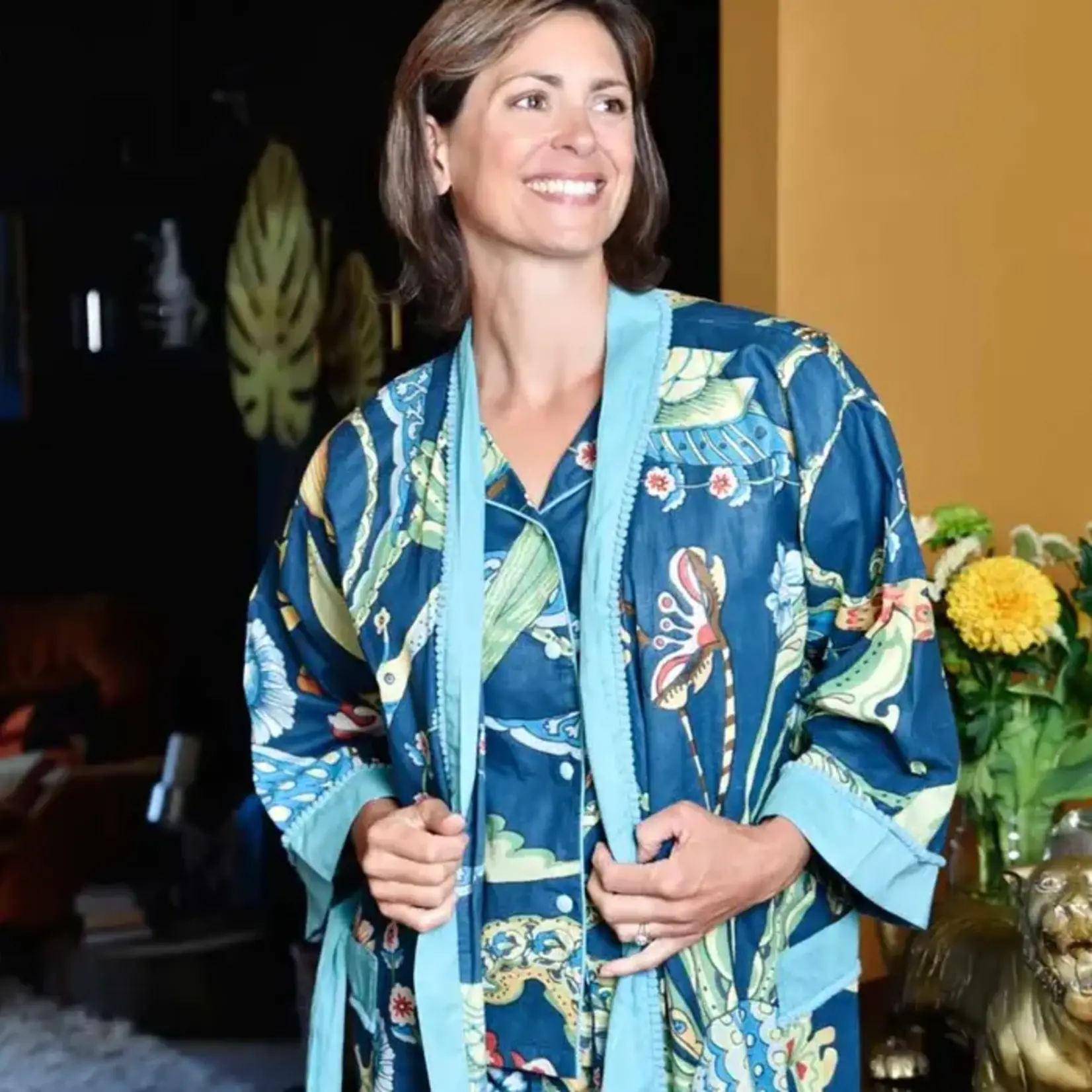 Powell Craft Blue Floral Exotic Bird Print Dressing Gown