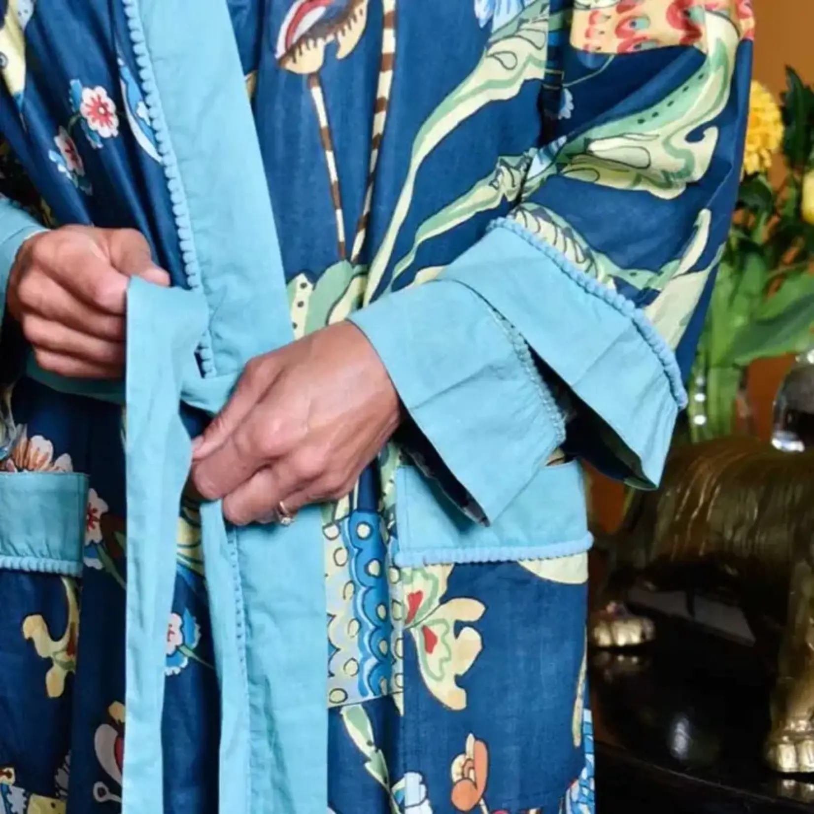 Powell Craft Blue Floral Exotic Bird Print Dressing Gown