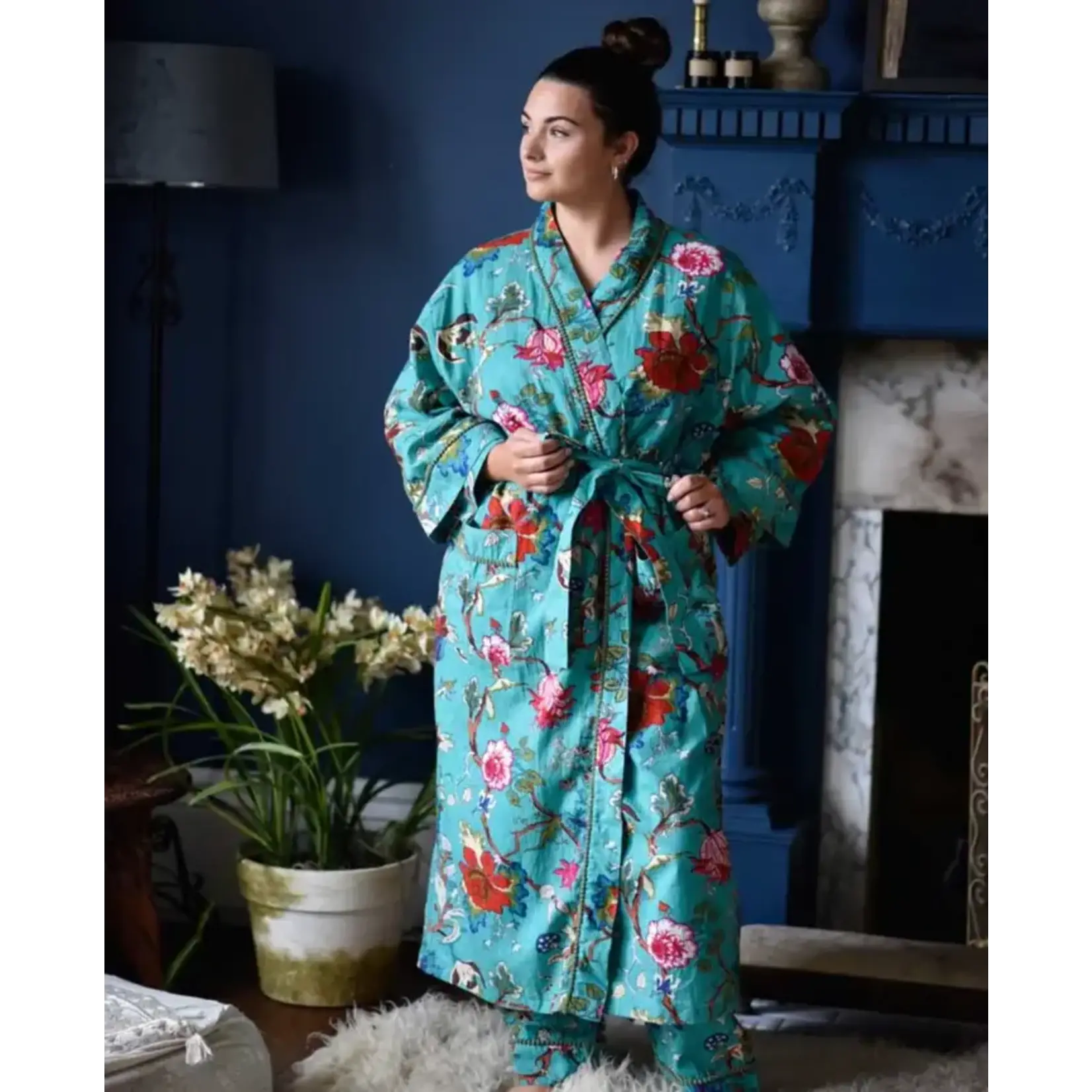 Powell Craft Teal Exotic Flower Dressing Gown