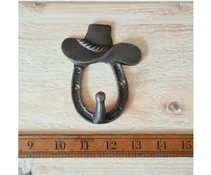 Coat Hook Single HORSESHOE and COWBOY HAT Ant Iron 100mm