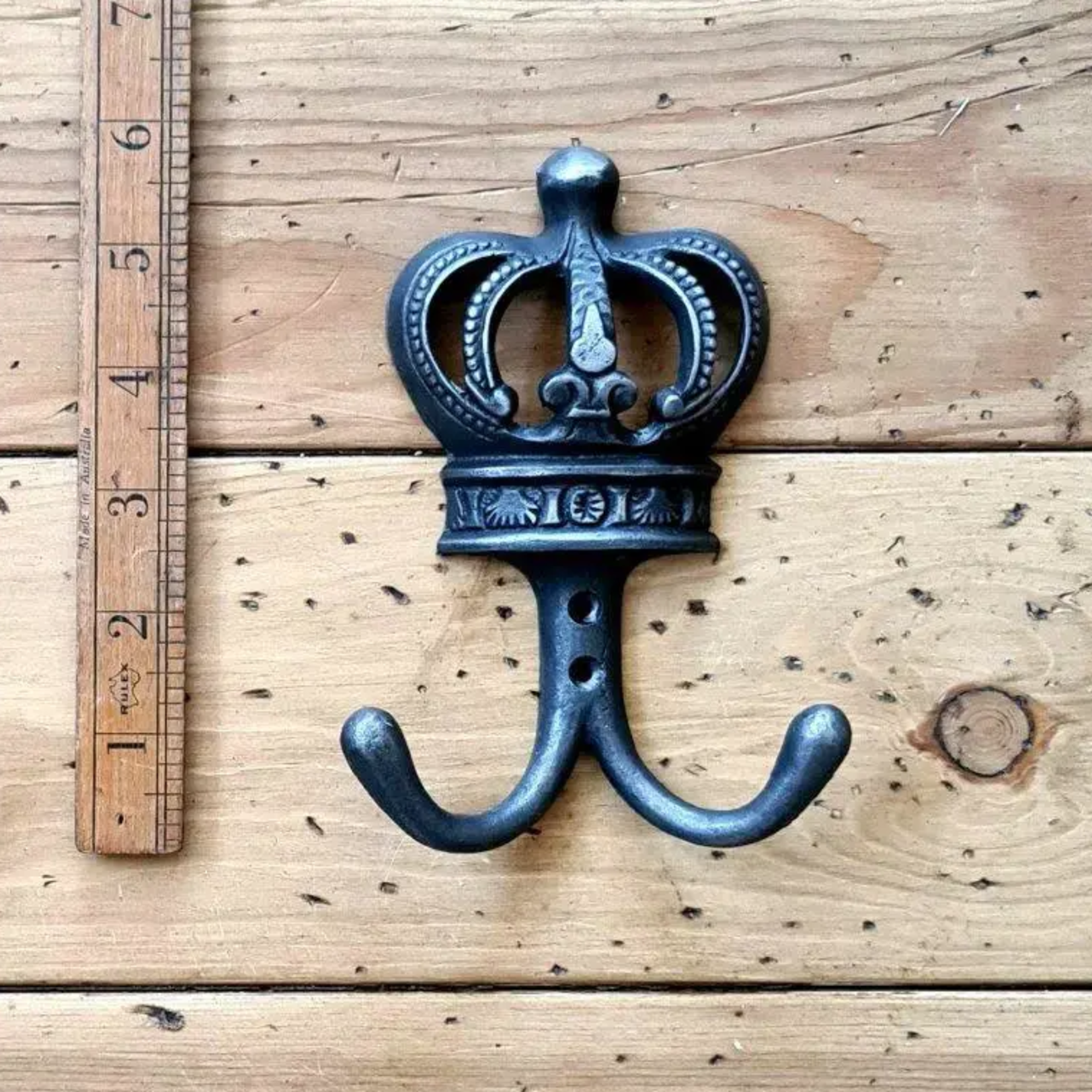 IRON RANGE Double Robe Hook KING'S CROWN Cast Ant Iron 100 x 140mm High