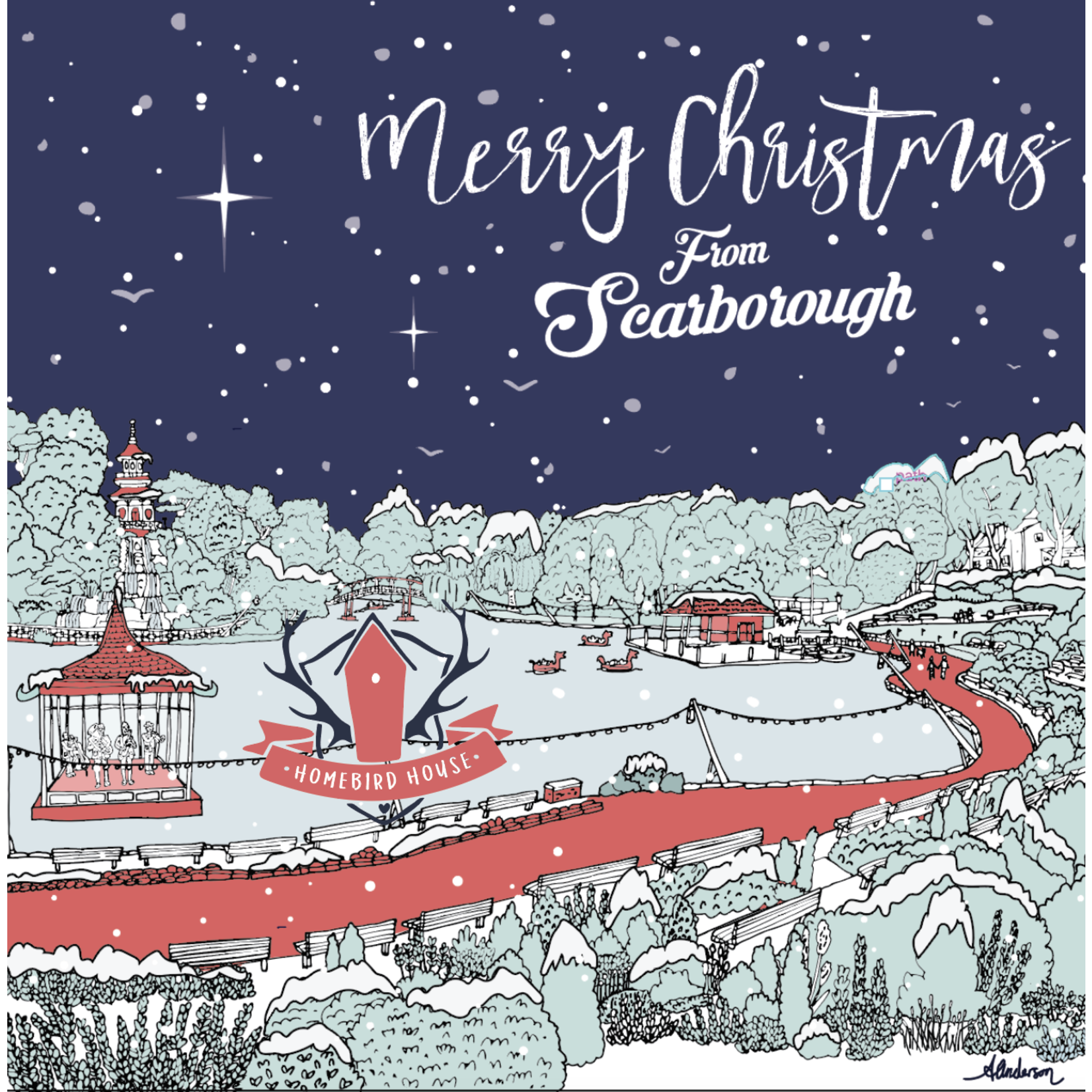 2024 Red PEASHOLM Christmas Card Alex Anderson Scarborough Illustration