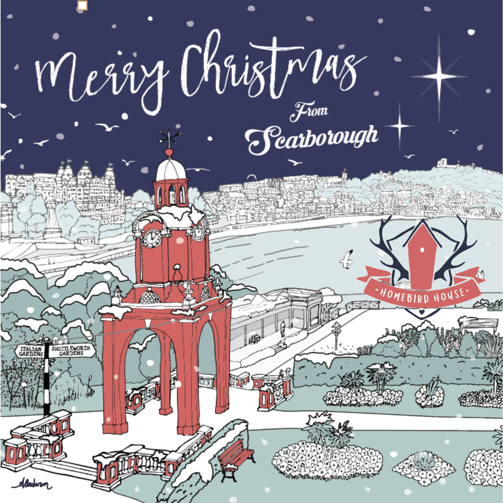 2023 Red CLOCK TOWER Christmas Card Alex Anderson Scarborough Illustration