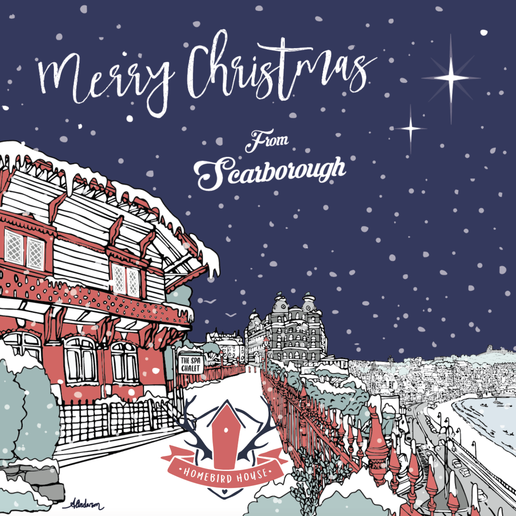 2024 Red SPA CHALET Christmas Card Alex Anderson Scarborough Illustration