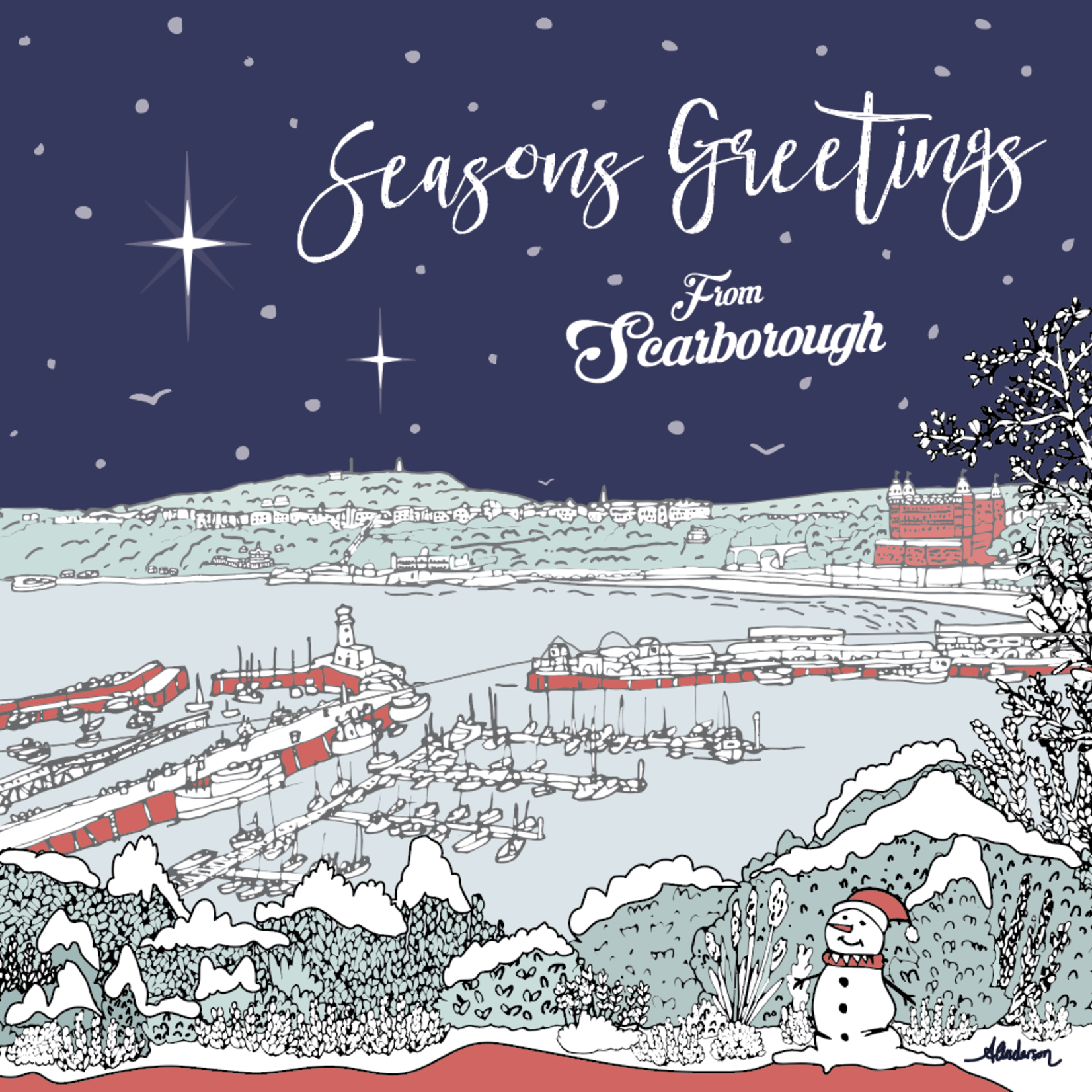 2023 Red HARBOUR Christmas Card Alex Anderson Scarborough Illustration