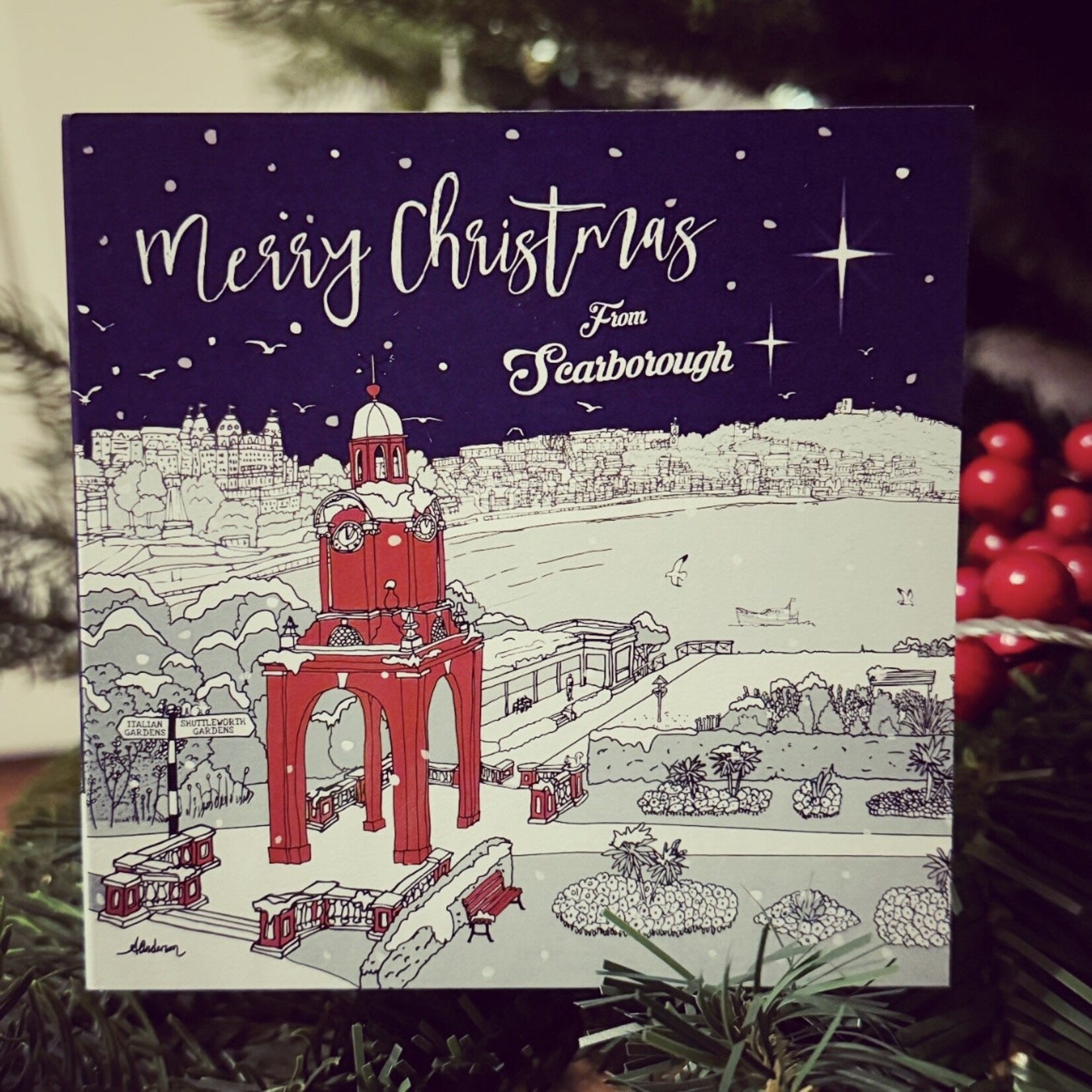 2024 Red CLOCK TOWER Christmas Card Alex Anderson Scarborough Illustration