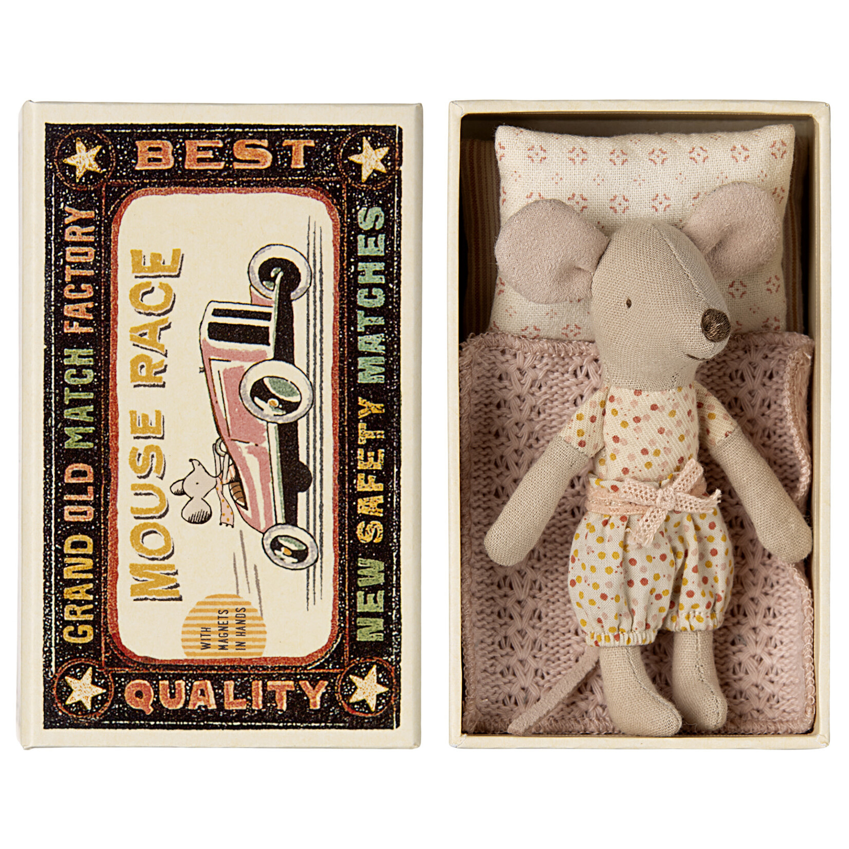 Maileg Maileg Little sister mouse in matchbox with magnetic hands Polka Dot