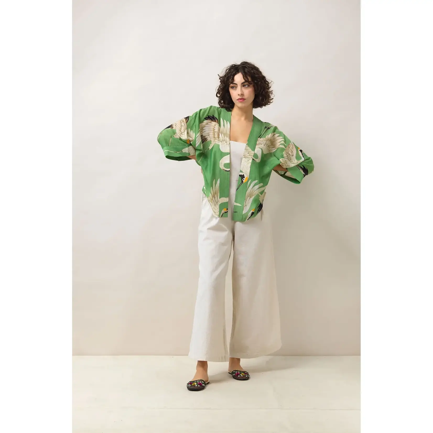 ONE HUNDRED STARS Stork Pea Green Kimono