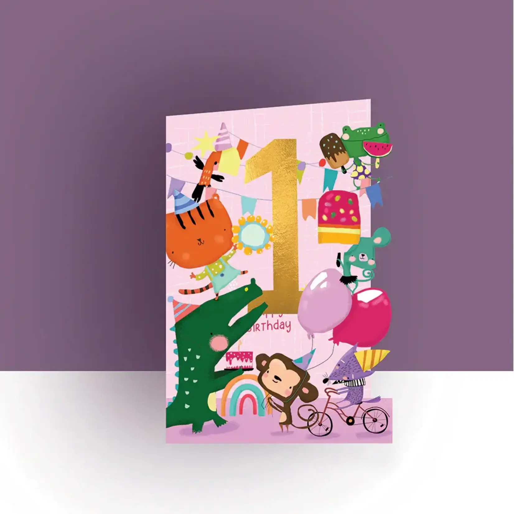AllJoy Design Pink Animal Party 1st Birthday Laser Cut Card