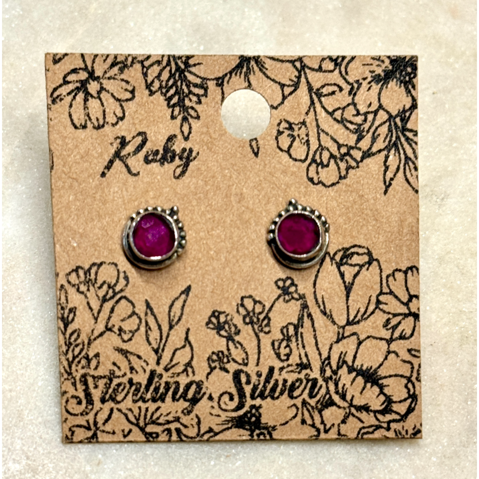 Ruby Small Round Silver Stud Earrings - 70mm dia x  45mm proud - stone 50mm dia
