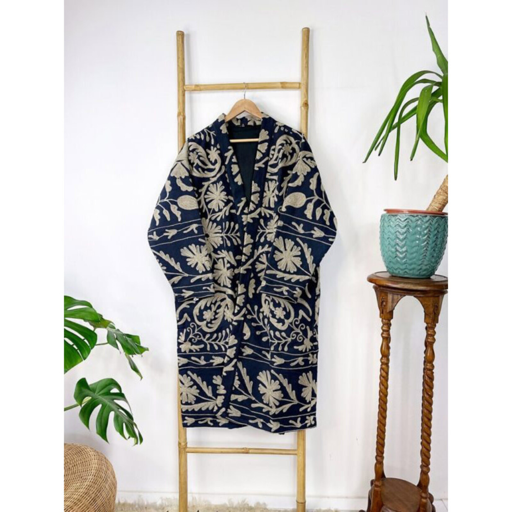 EDL Ltd Suzani Long Jacket Navy Taupe