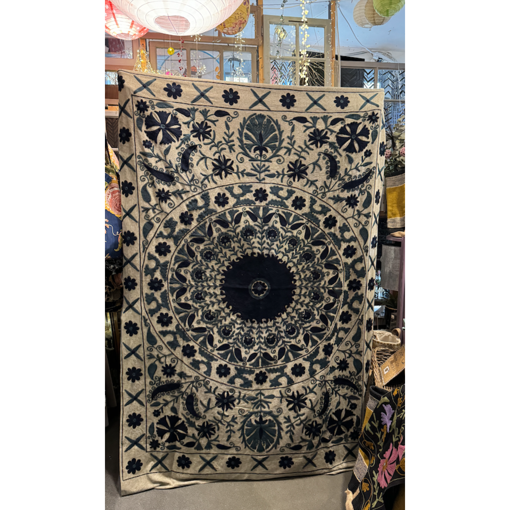 EDL Ltd Stone Wash Grey and Blue Suzani Throw - 240 x 150 cm