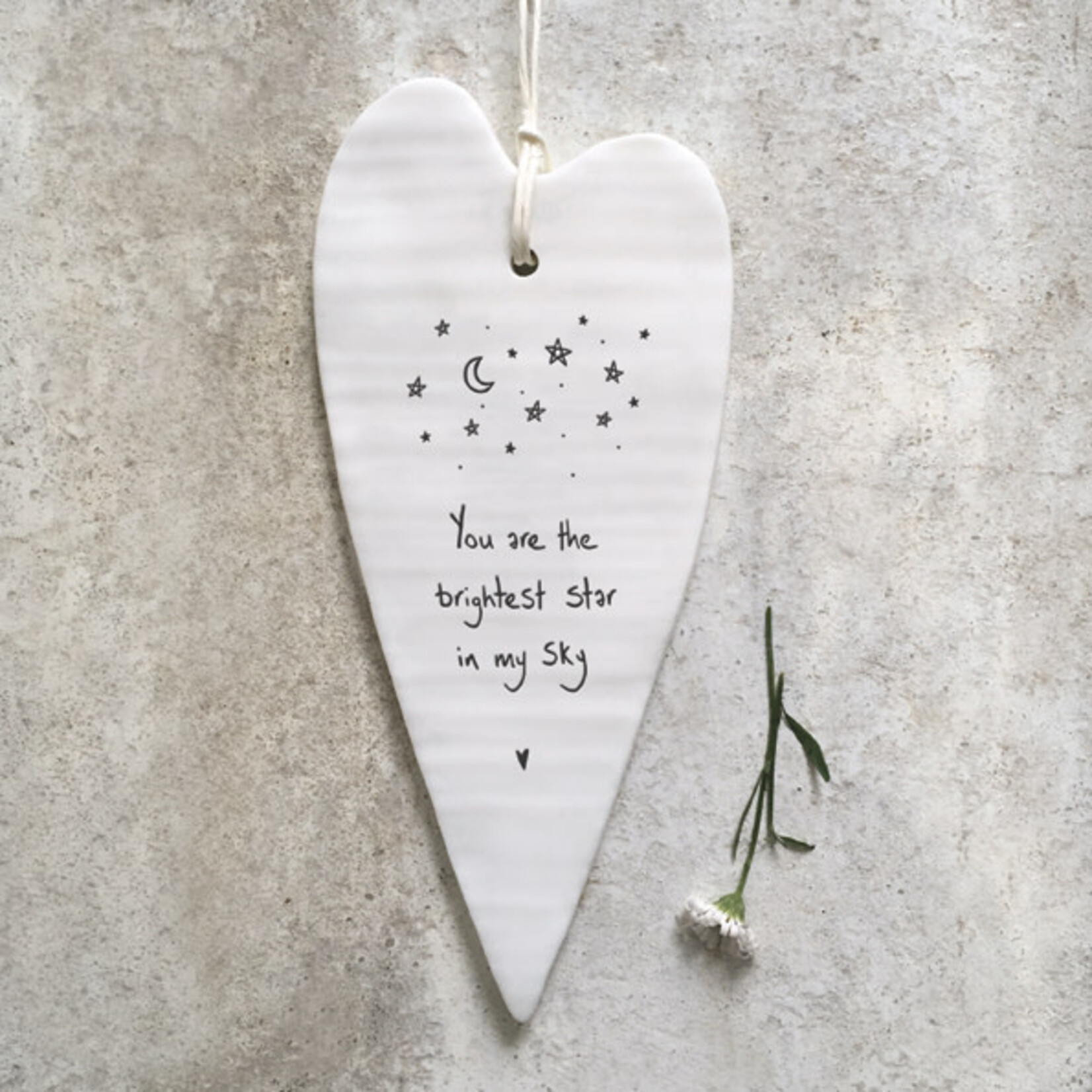 East of India Porcelain Hanging Wobbly Long Heart-The Brightest Star