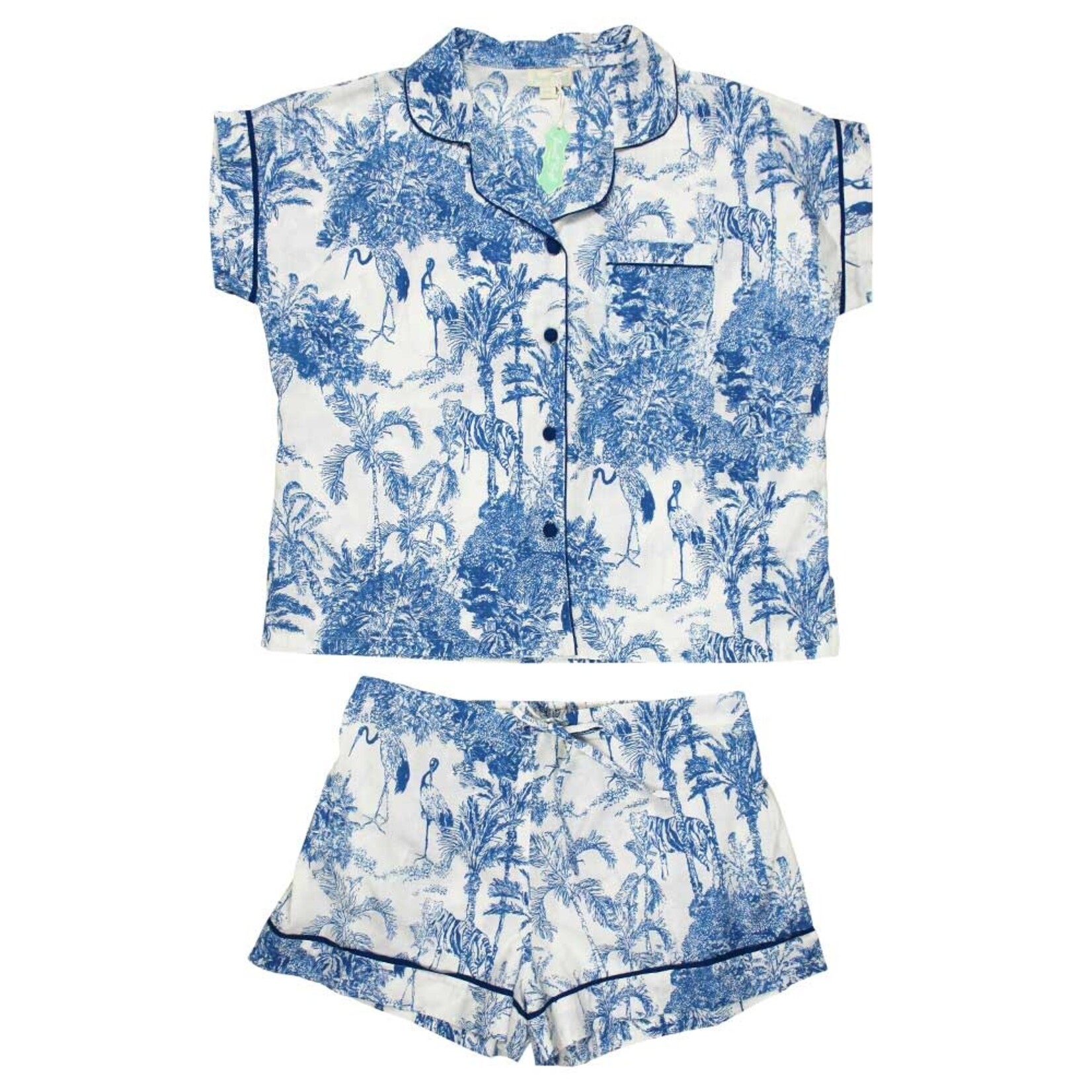 Powell Craft Blue and White Safari Toile De Jouy Print Short Pyjama Set